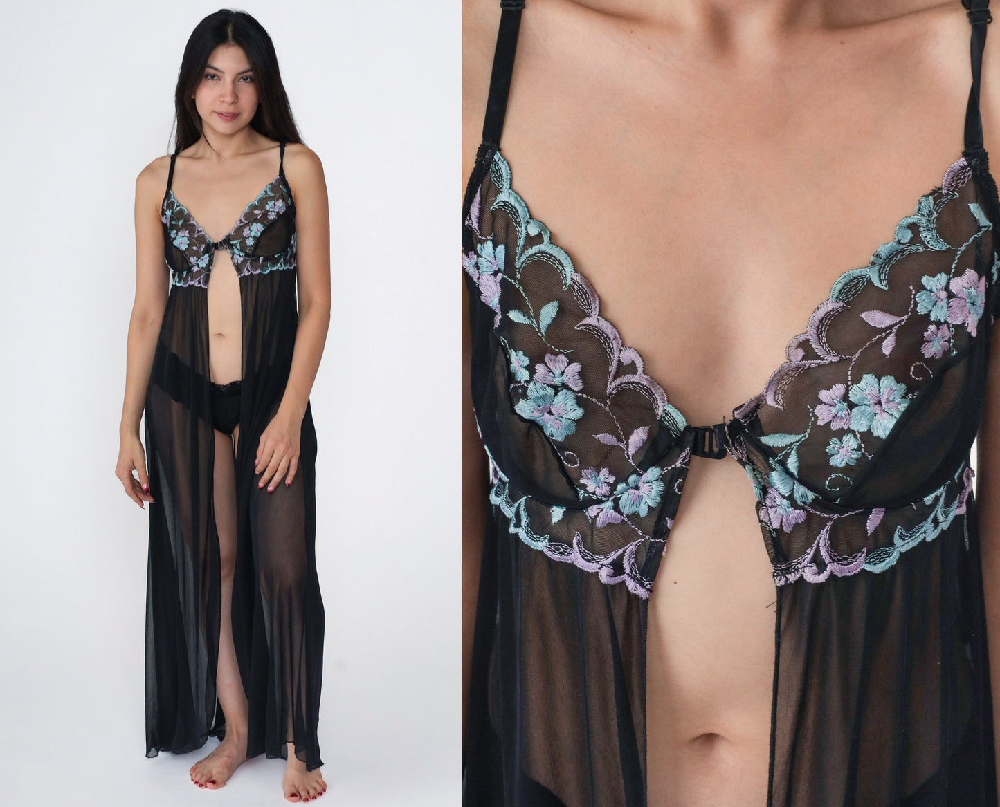 90s Faris Black Floral Embroidered Slip Nightgown Underwire Spaghetti Strap Medium