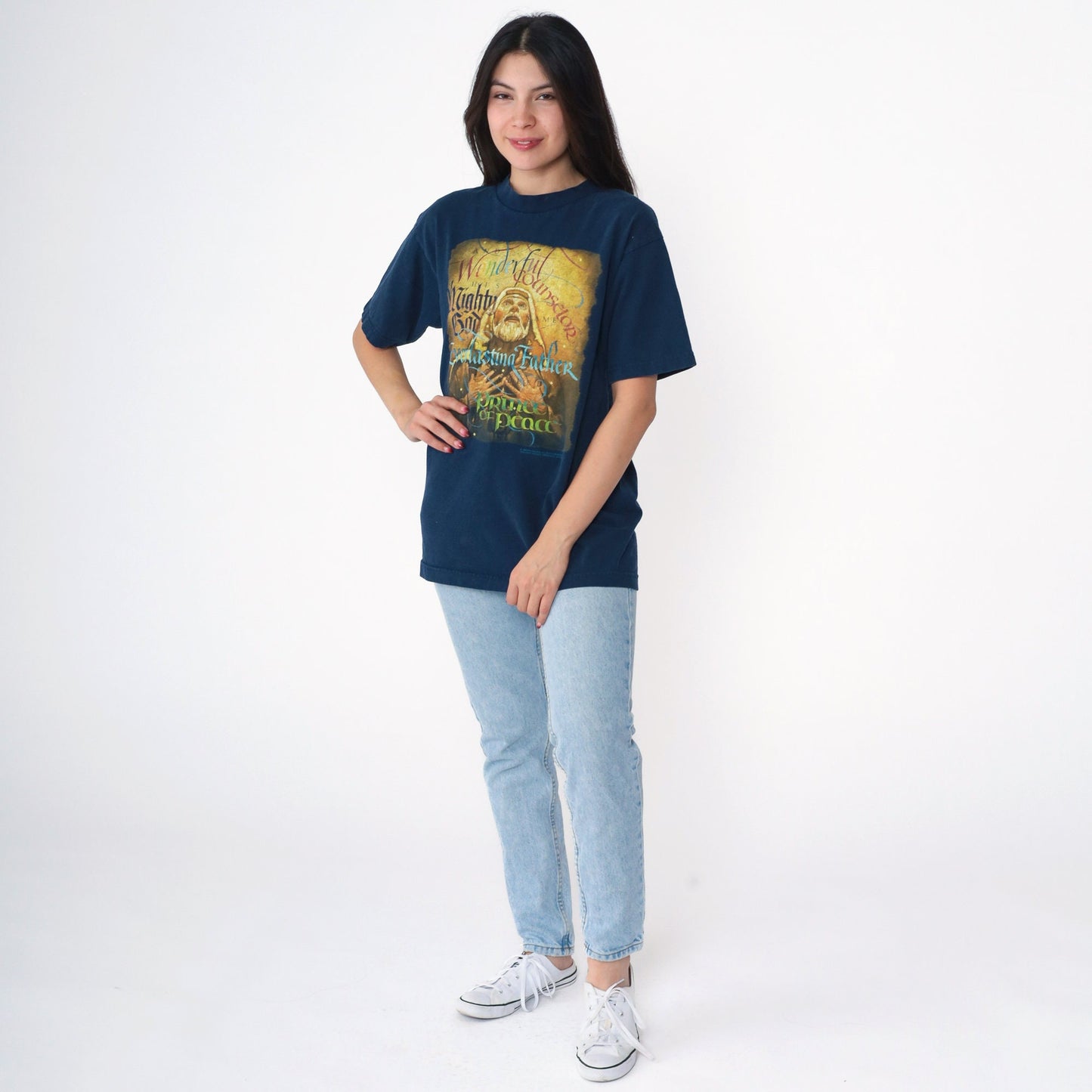 Y2K Jesus Christ Navy Graphic T-Shirt Wonderful Counselor Medium