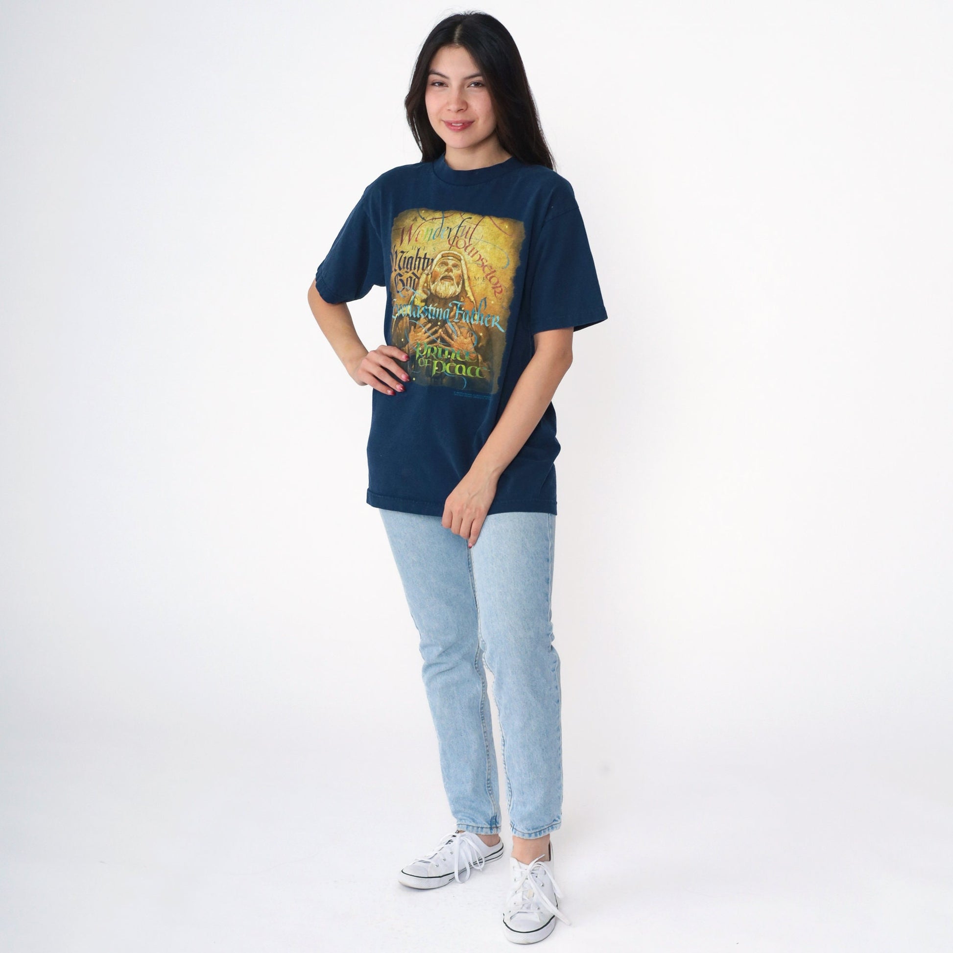 Y2K Jesus Christ Navy Graphic T-Shirt Wonderful Counselor Medium