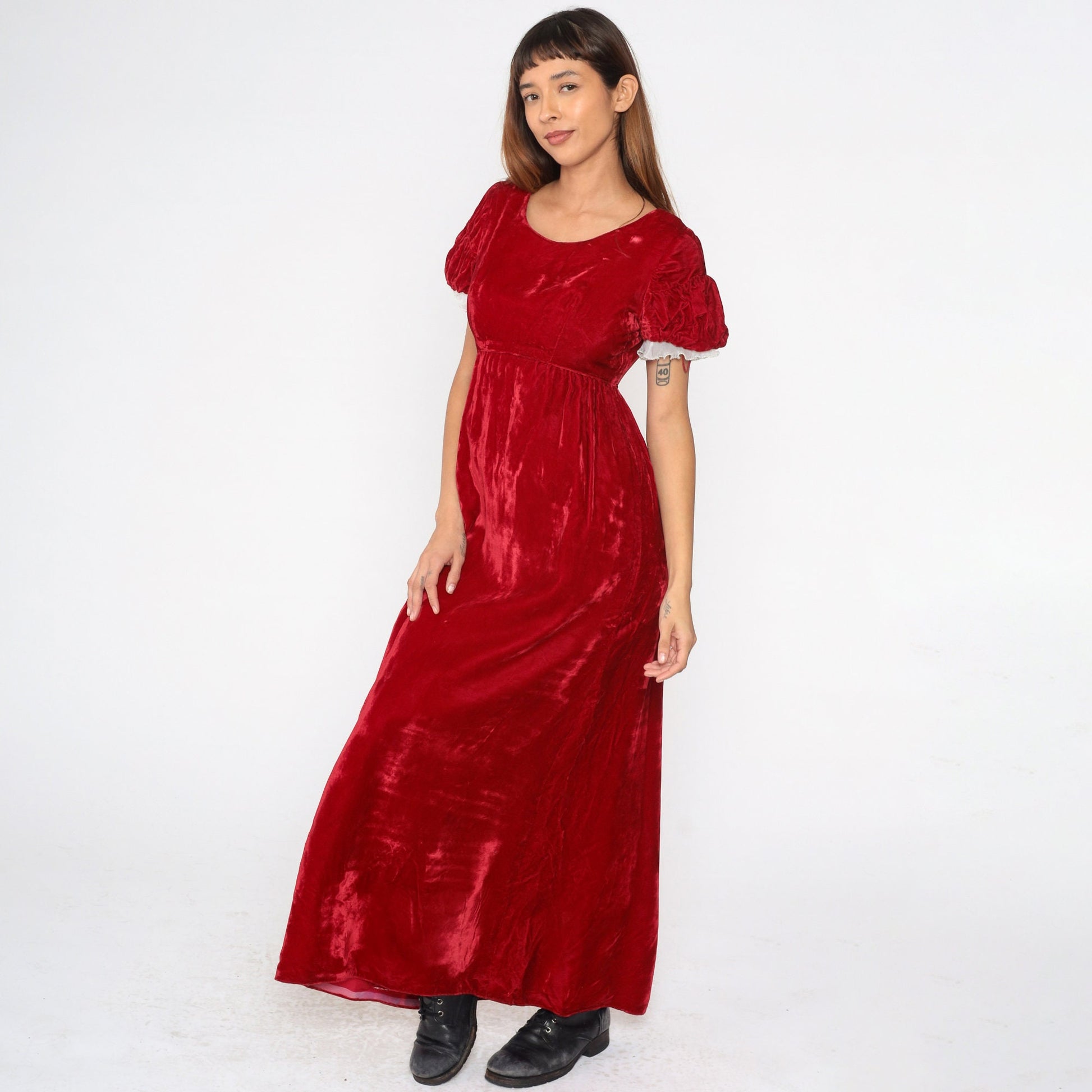70s Emma Domb Red Velvet Maxi Dress Puff Sleeve Empire Waist Small S