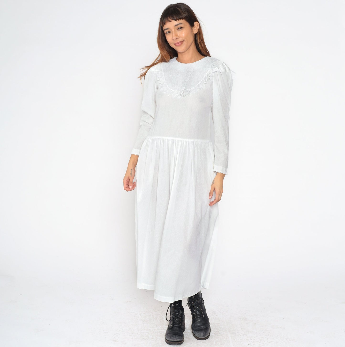 80s White Polka Dot Midi Dress Puff Sleeve Lace Bib Low Waist Small