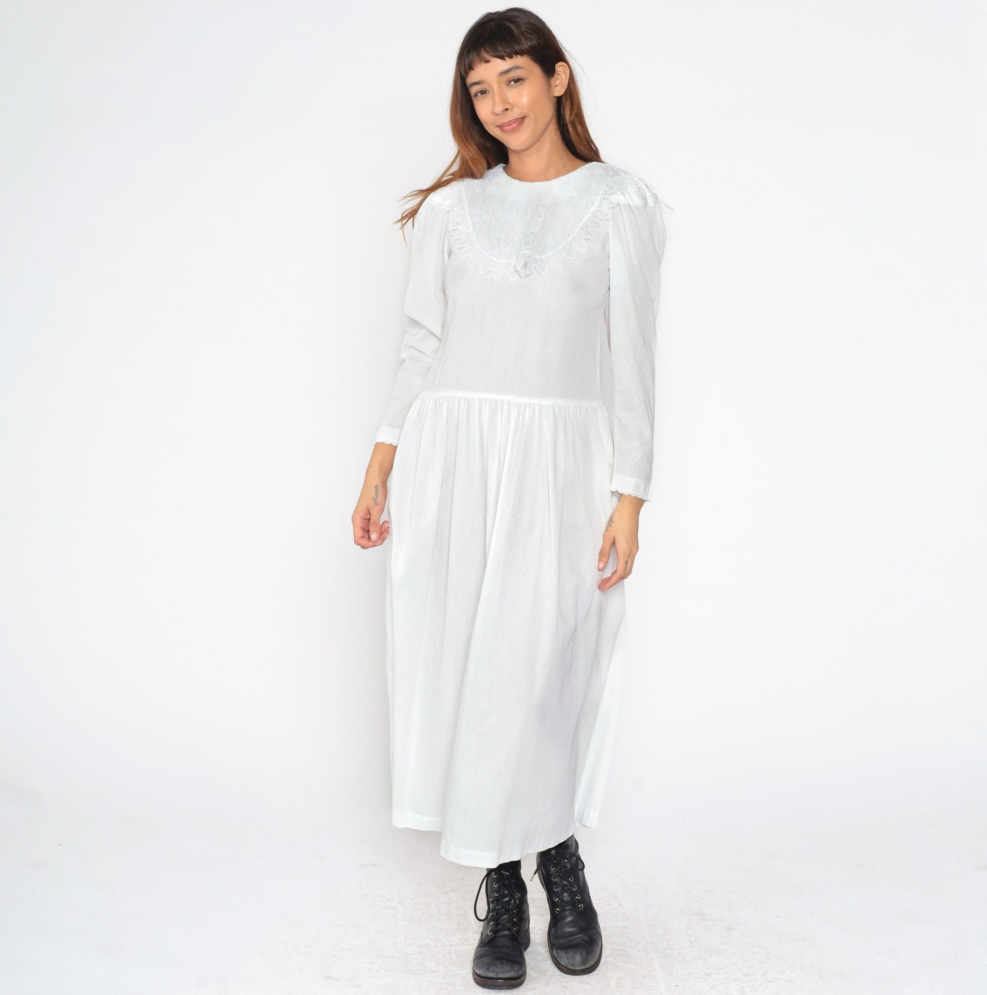 80s White Polka Dot Midi Dress Puff Sleeve Lace Bib Low Waist Small