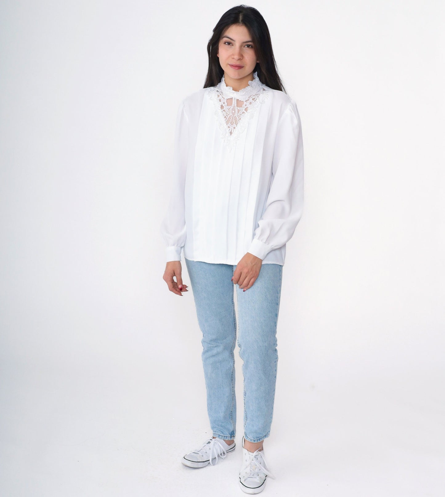 90s White Lace Collar Blouse Puff Sleeve Pleated Front Small