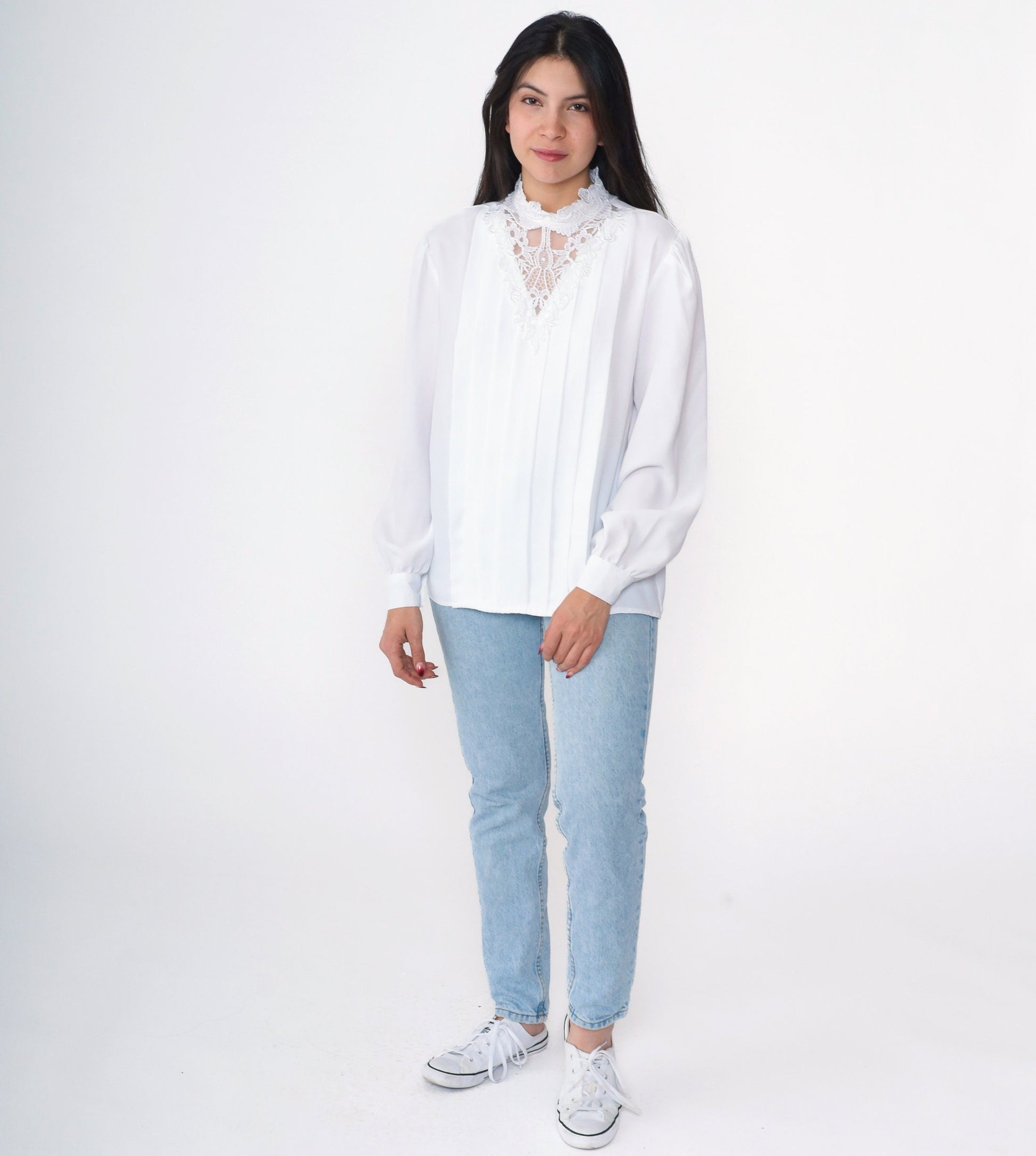 90s White Lace Collar Blouse Puff Sleeve Pleated Front Small
