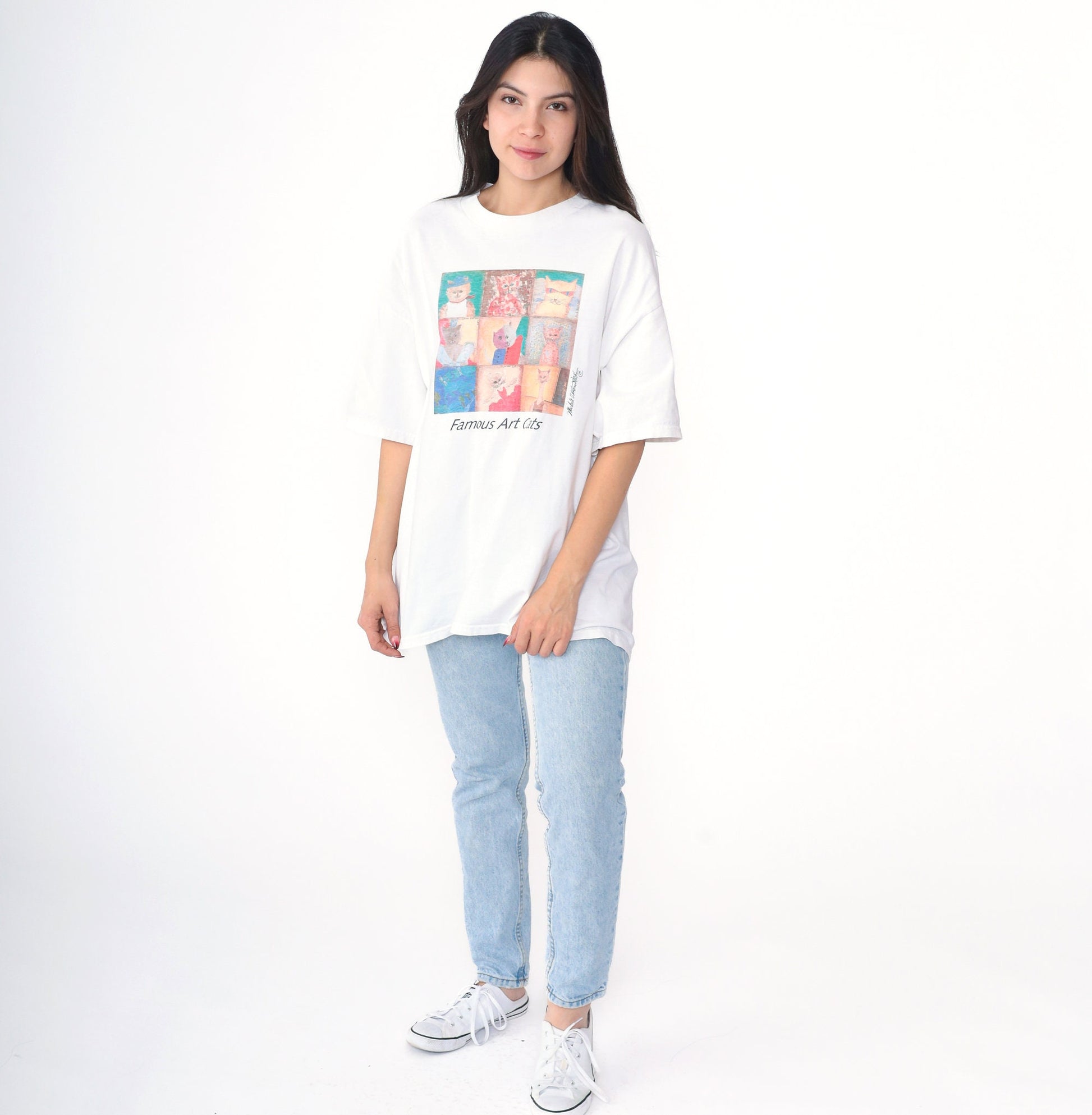 90s Cat Art Graphic Tee Famous Paintings Cotton White Extra Large XXL