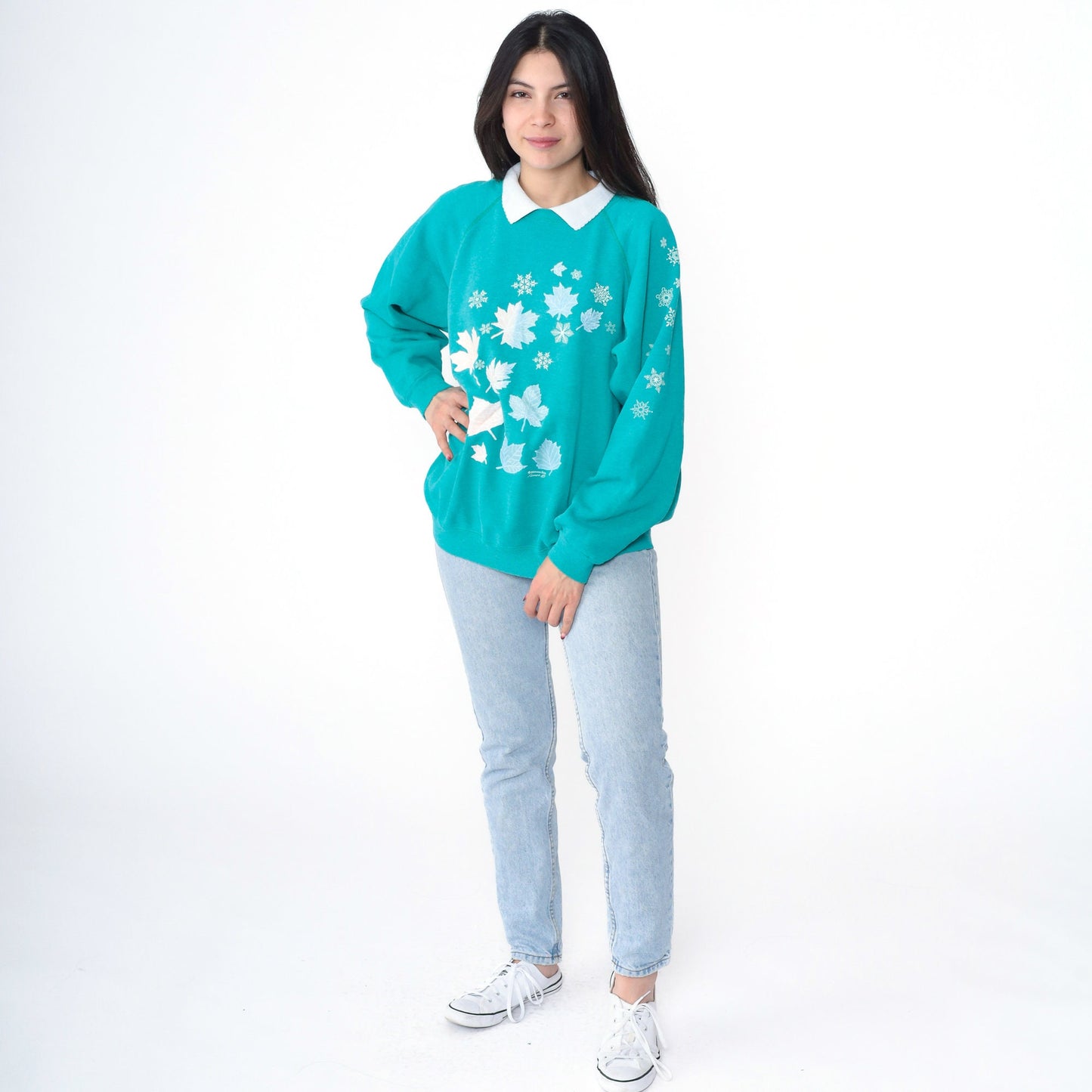 90s Leaf Snowflake Print Sweatshirt Teal Green Graphic Crewneck Large