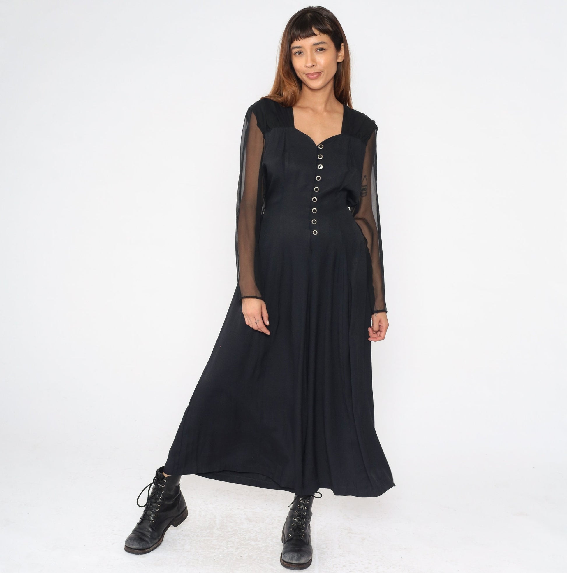 90s Black Wide Leg Jumpsuit Chiffon Sleeve Sweetheart Neckline Large 12
