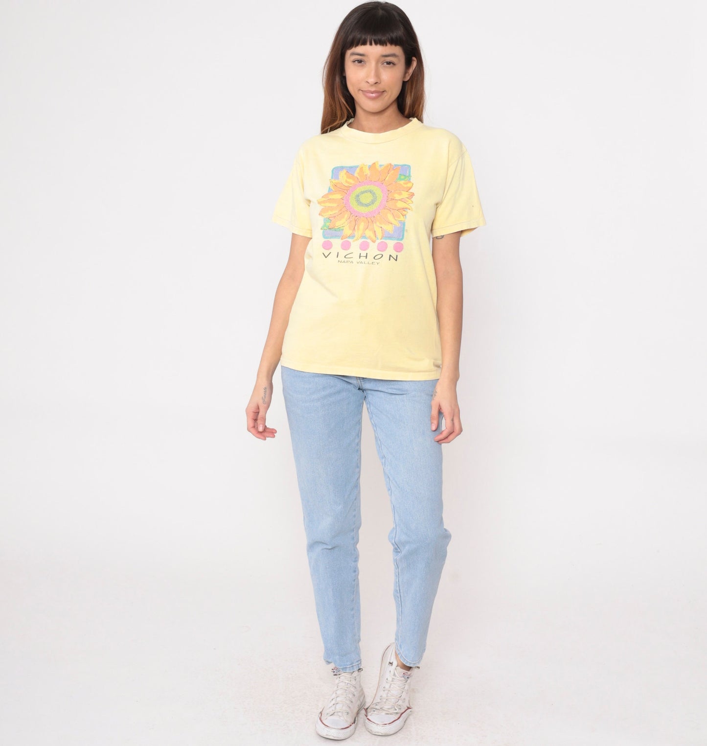 90s Vichon Napa Valley Winery Graphic Tee Yellow Sunflower Cotton Medium