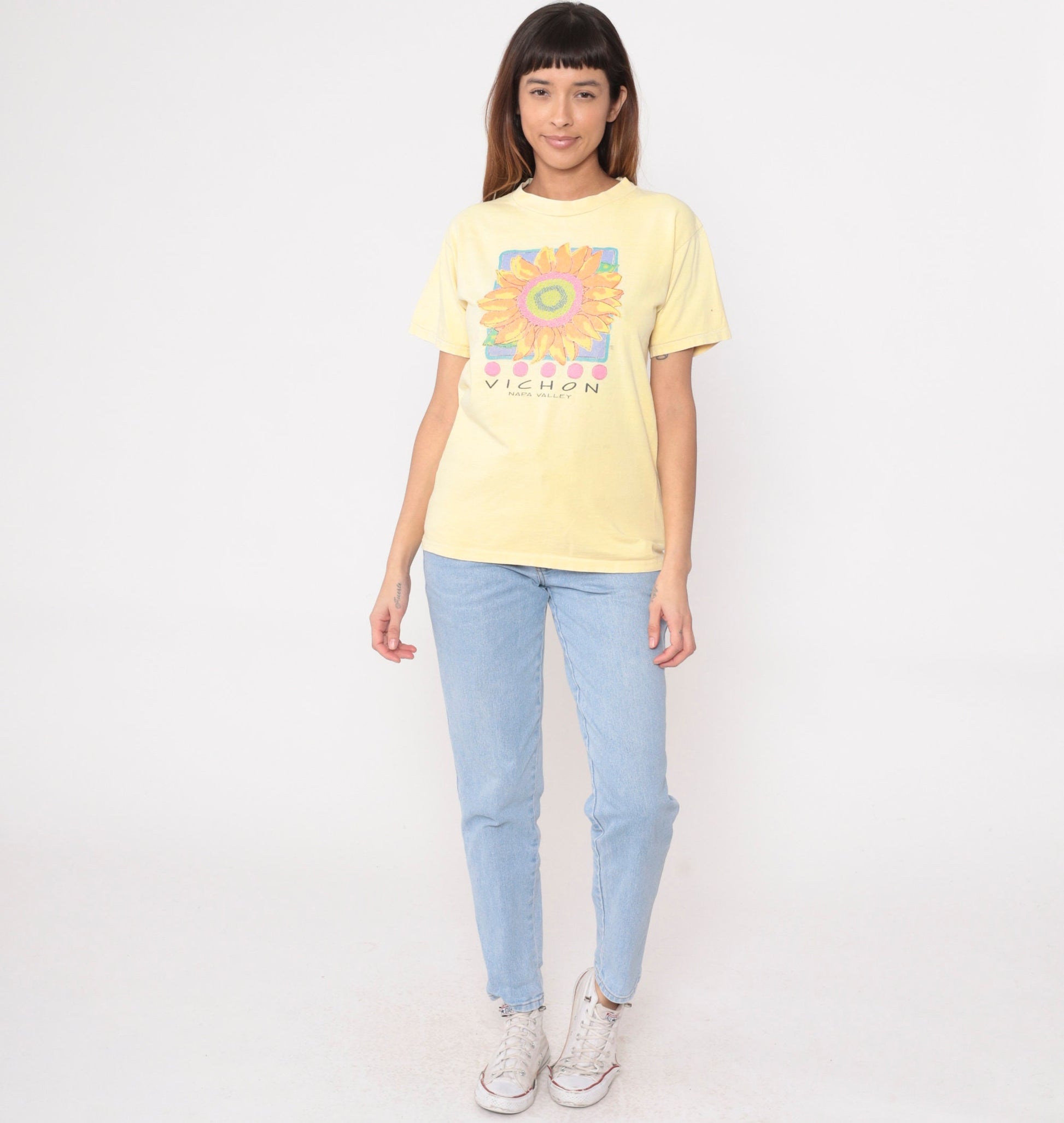 90s Vichon Napa Valley Winery Graphic Tee Yellow Sunflower Cotton Medium