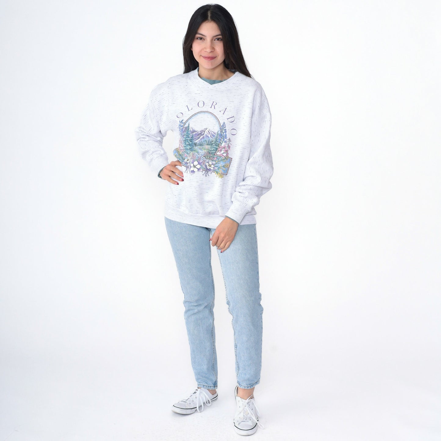90s Colorado Mountain Floral Graphic Sweatshirt Double Collar Drop Shoulder Medium