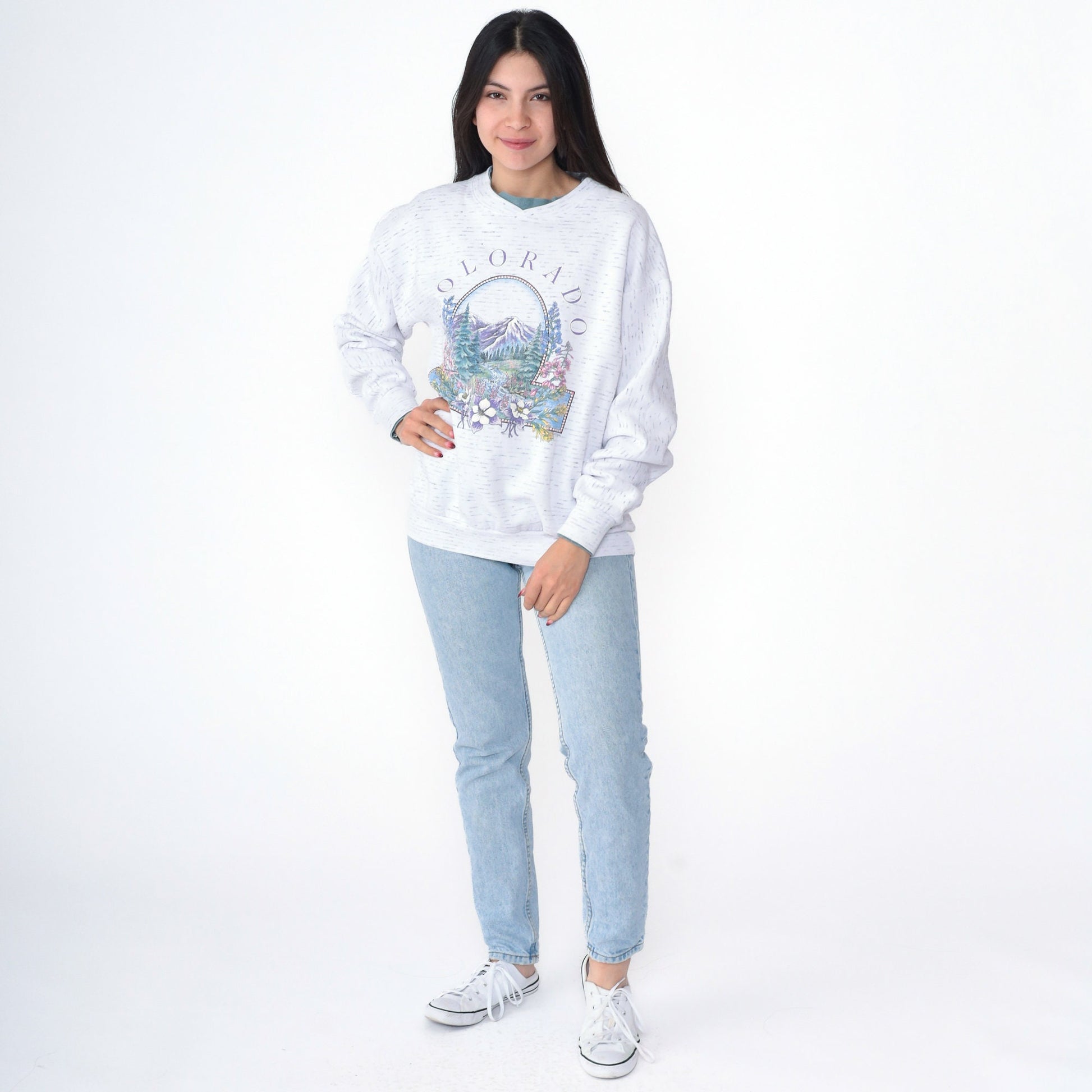 90s Colorado Mountain Floral Graphic Sweatshirt Double Collar Drop Shoulder Medium