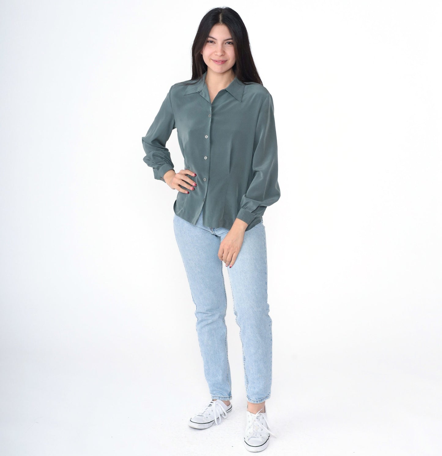 90s Liz Claiborne Grey Button-Up Blouse Long Sleeve Collared Shirt Extra Small XS