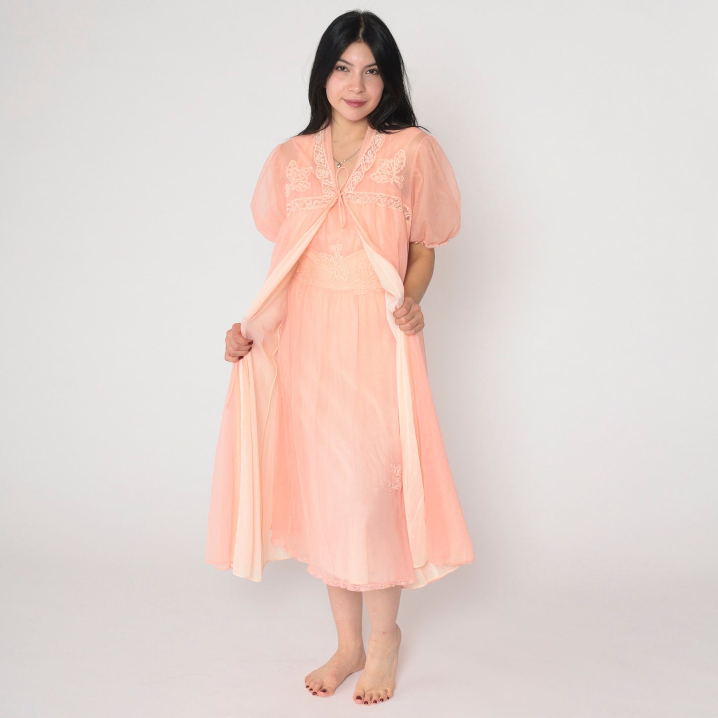 70s Pink Nylon Lingerie Robe Lace Beaded Puff Sleeve Midi Small