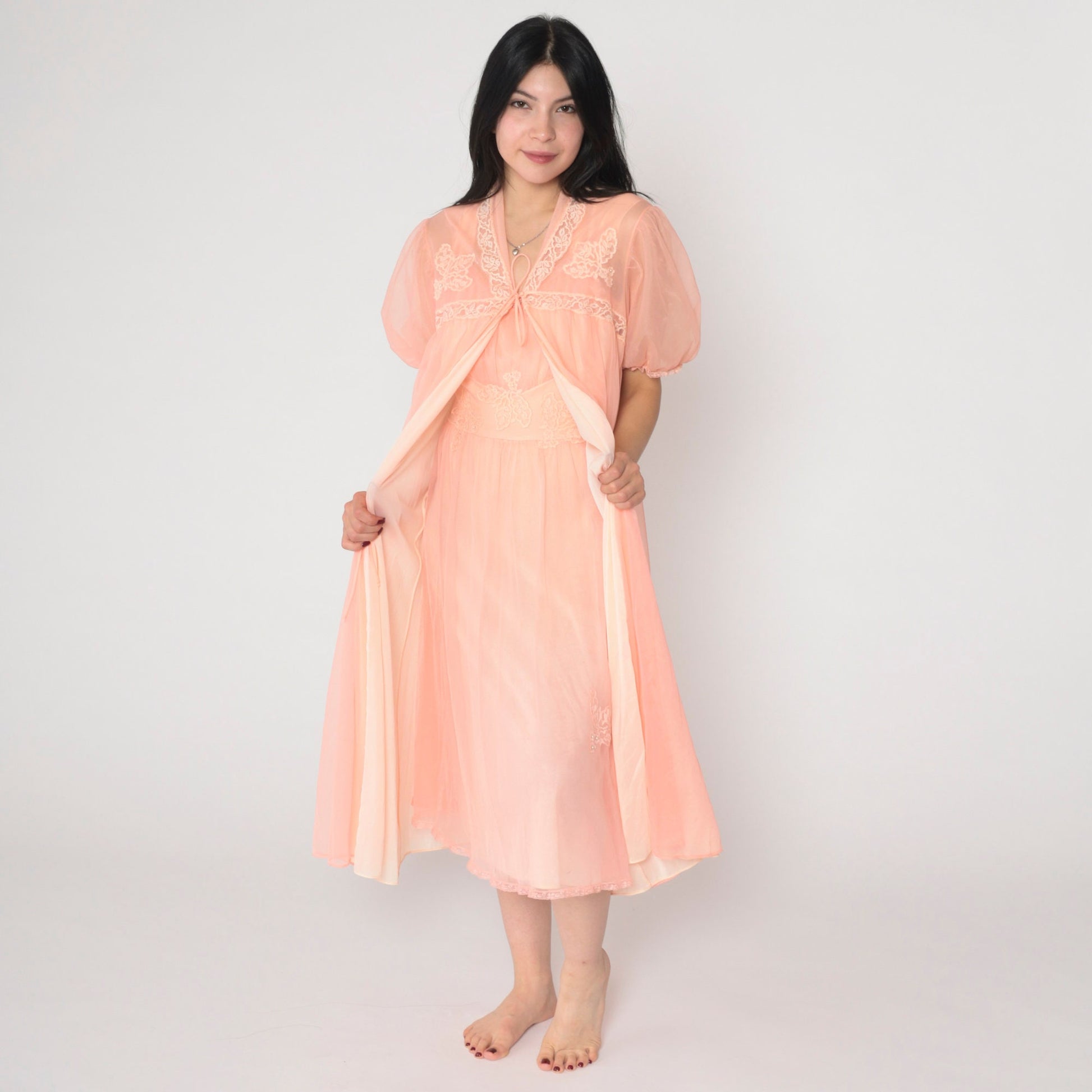 70s Pink Nylon Lingerie Robe Lace Beaded Puff Sleeve Midi Small