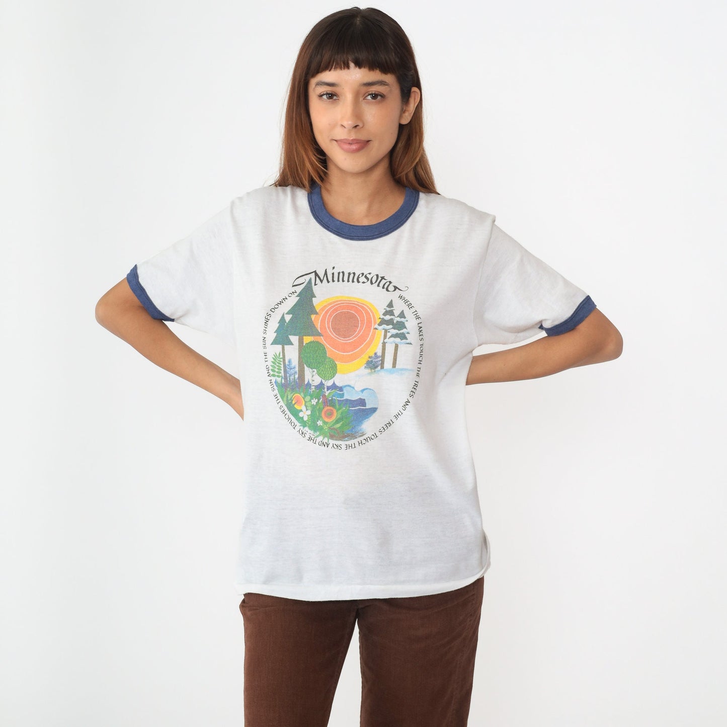 80s Minnesota Ringer Tee Graphic T-Shirt Where Lakes Touch Trees Medium