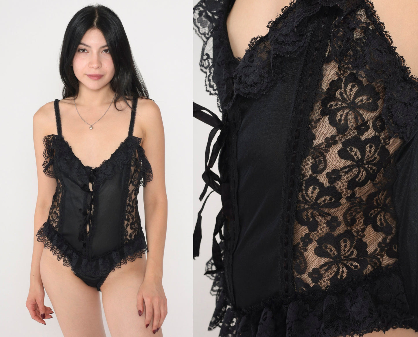 70s Black Lace Bodysuit Sheer Floral Teddy Lingerie Small