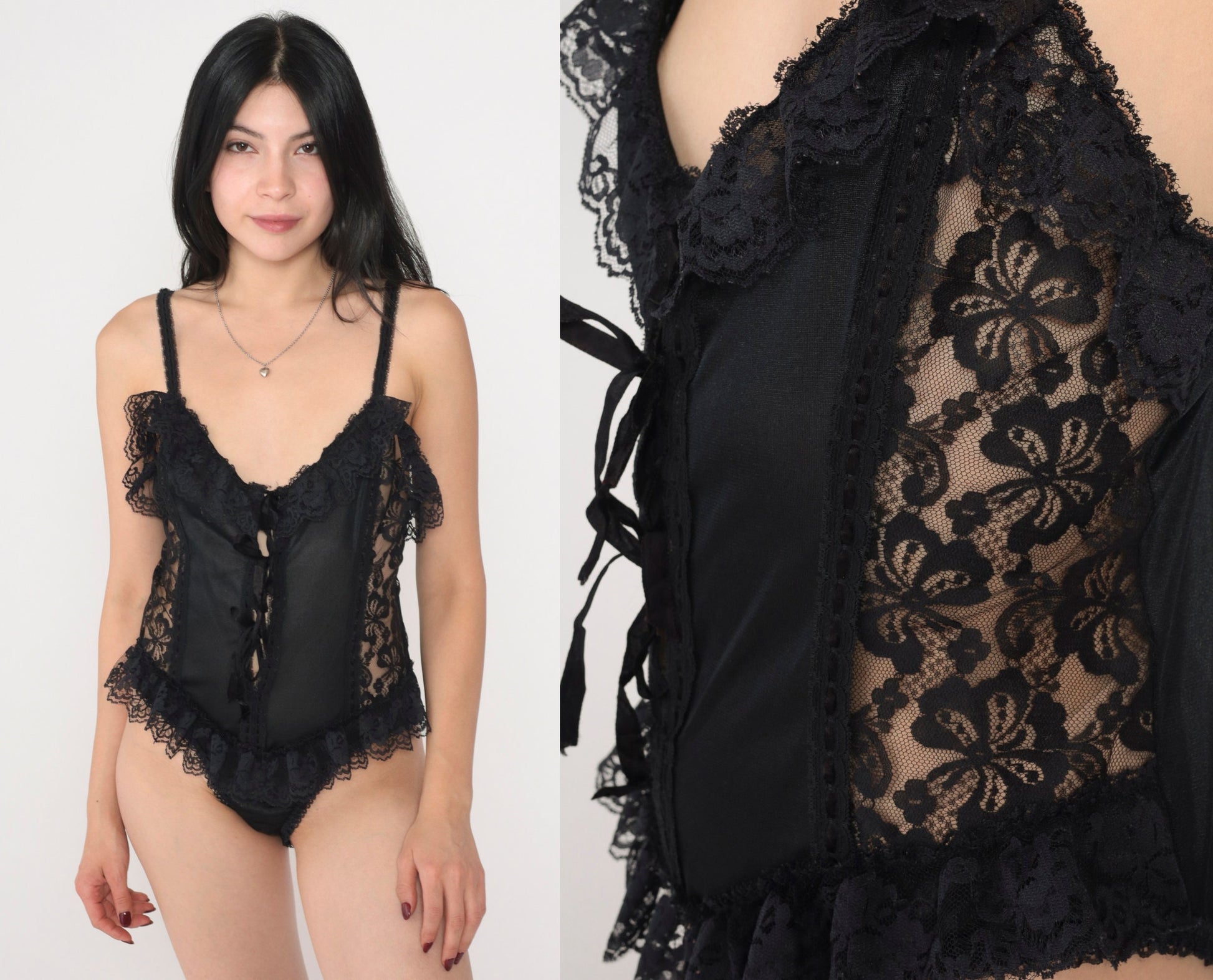 70s Black Lace Bodysuit Sheer Floral Teddy Lingerie Small