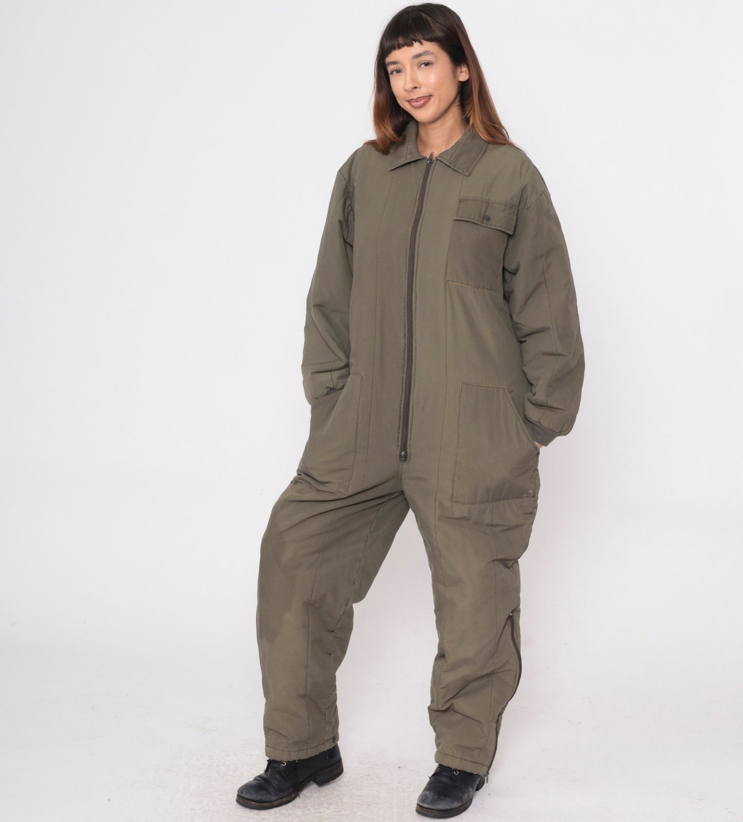 80s Snowmobile Coveralls Olive Green Insulated Jumpsuit Cargo Pockets Small