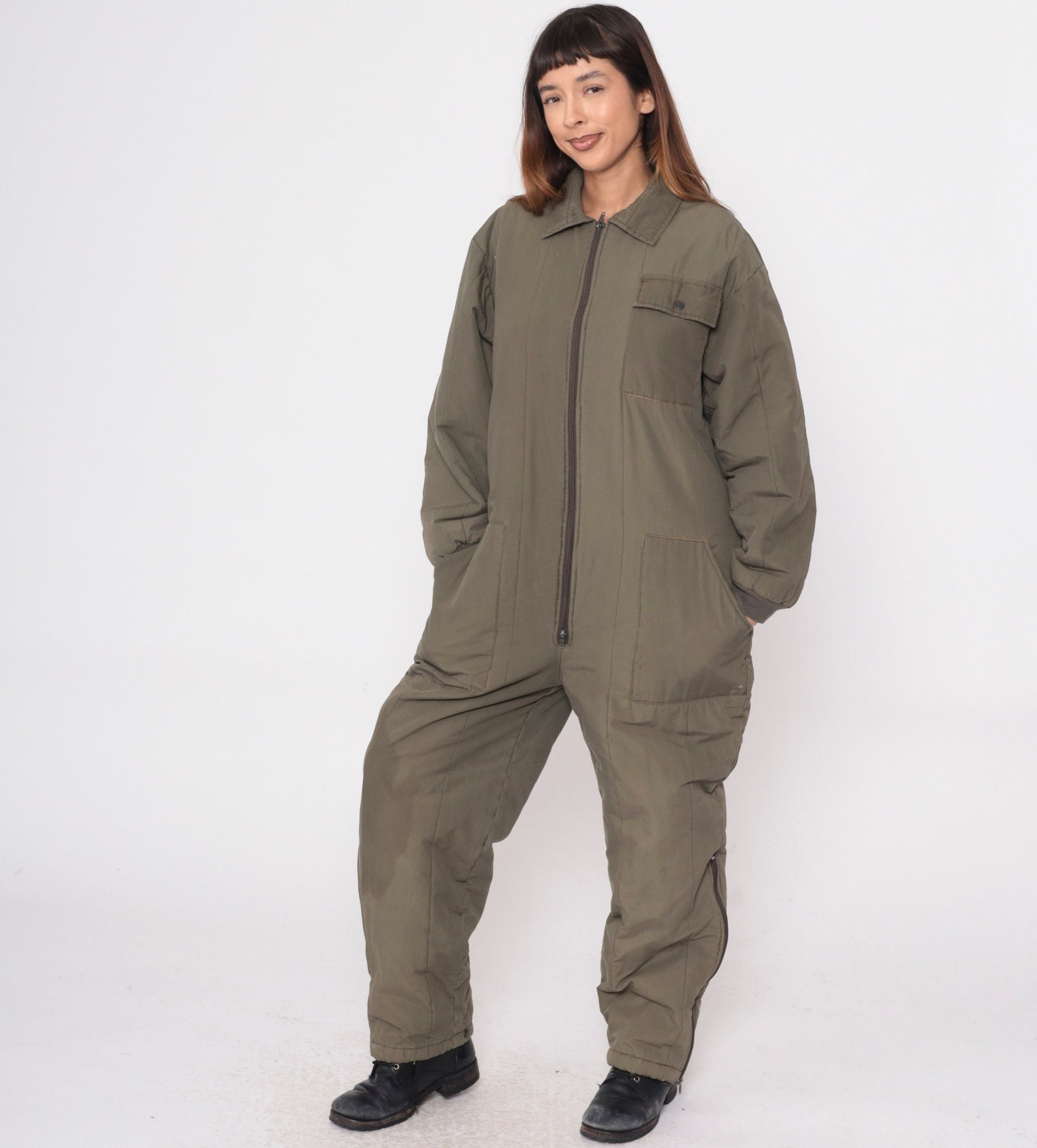 80s Snowmobile Coveralls Olive Green Insulated Jumpsuit Cargo Pockets Small
