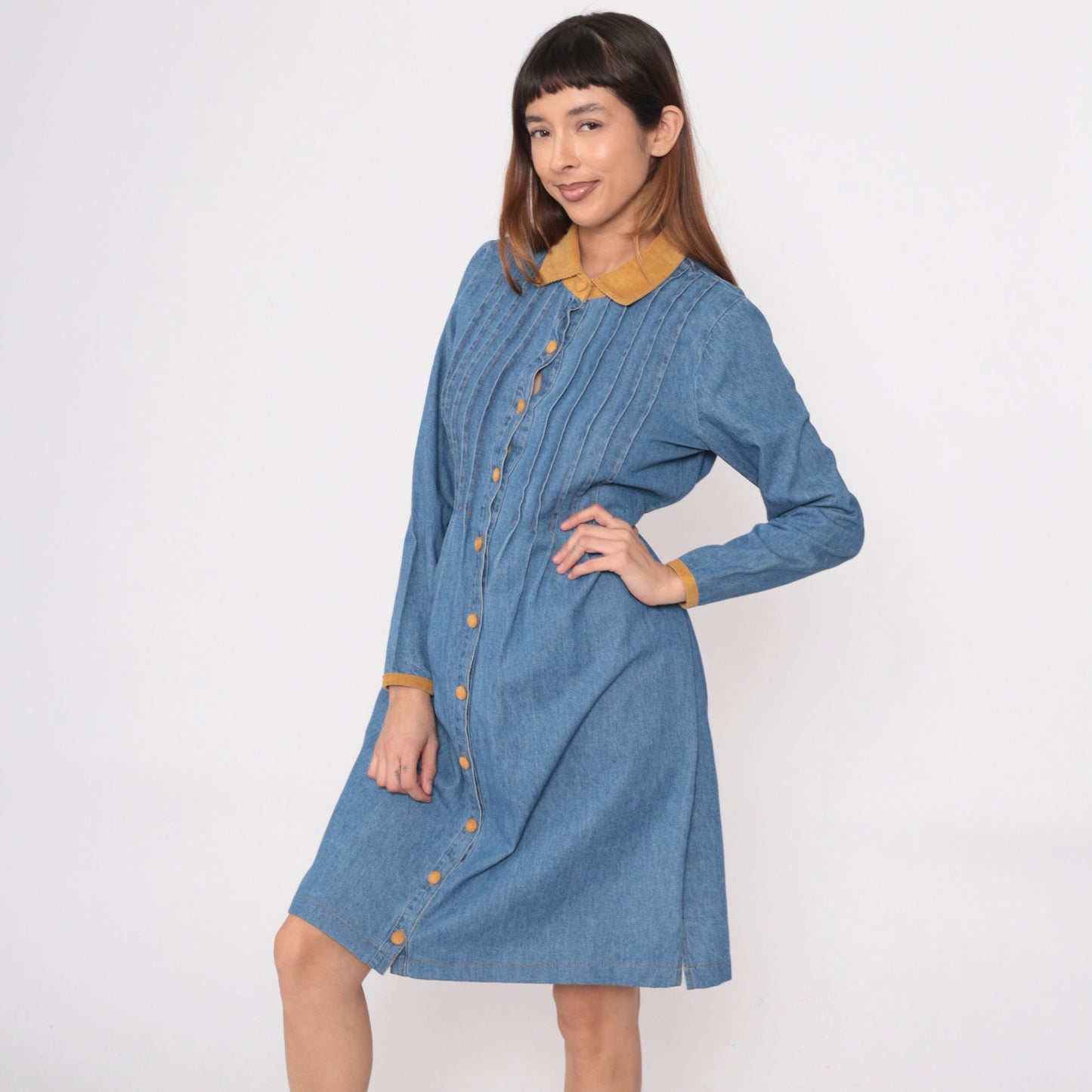 90s Studio Ease Blue Denim Shirtdress Corduroy Collar Knee-Length Small 6