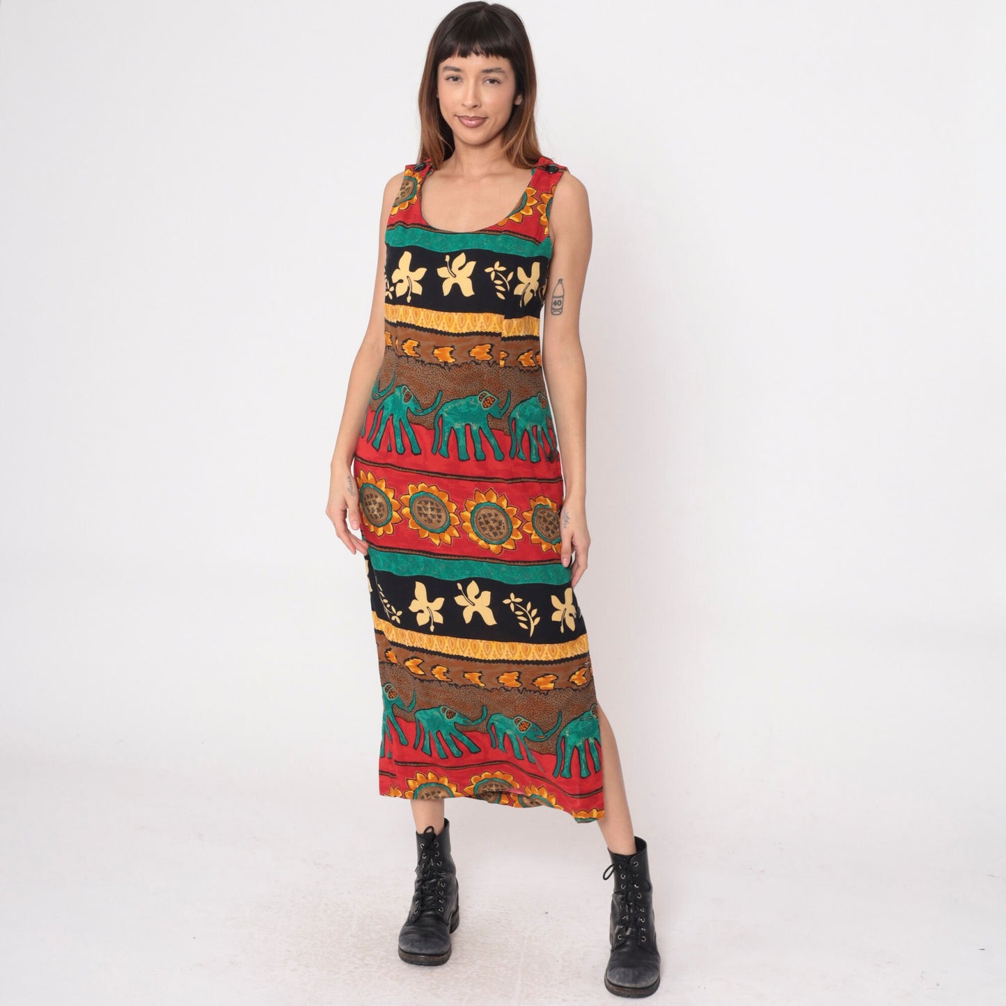 90s Tropical Elephant Sunflower Maxi Dress Striped Red Teal Sleeveless Medium