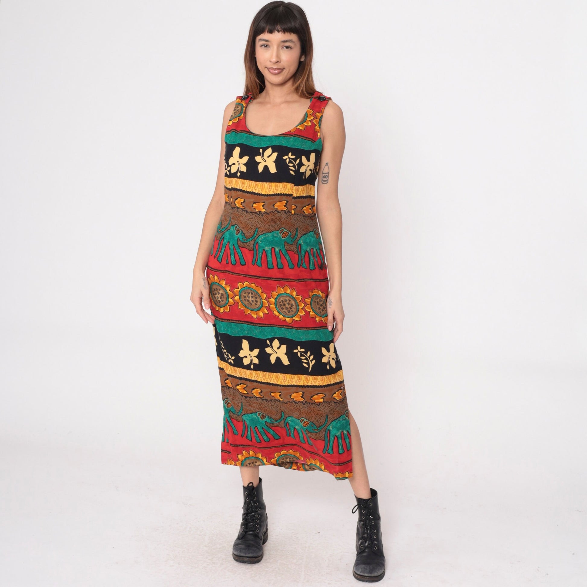 90s Tropical Elephant Sunflower Maxi Dress Striped Red Teal Sleeveless Medium