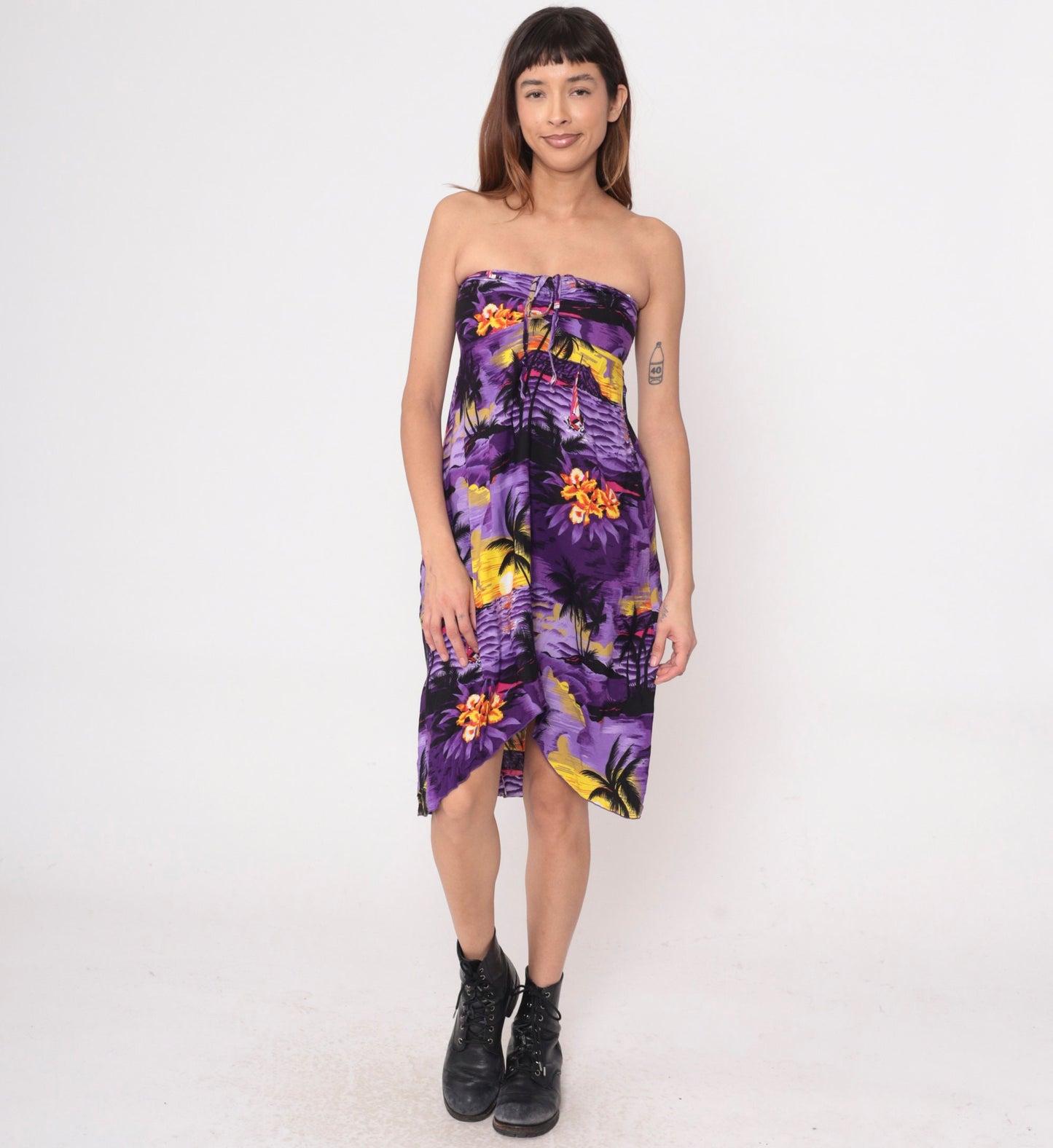 00s Purple Strapless Sundress Sailboat Palm Tree Print Empire Waist High Low Extra Small