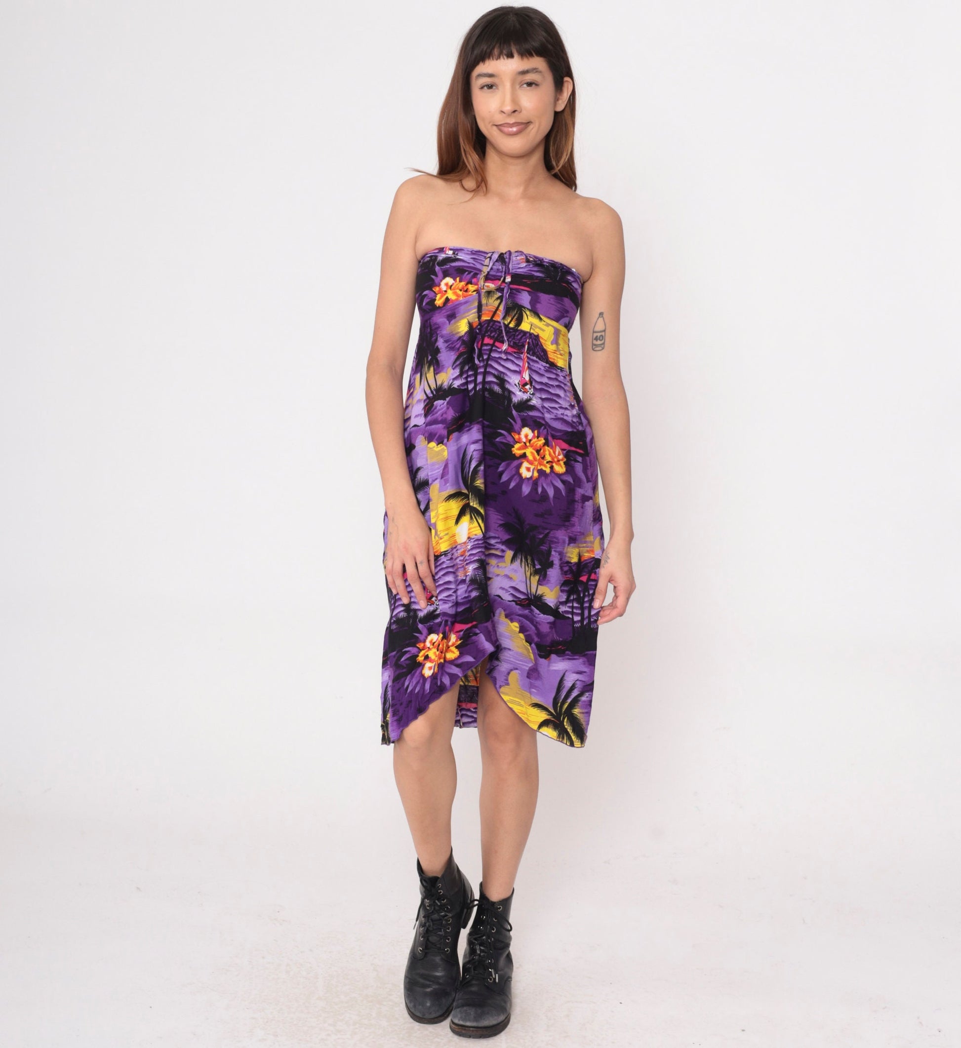 00s Purple Strapless Sundress Sailboat Palm Tree Print Empire Waist High Low Extra Small