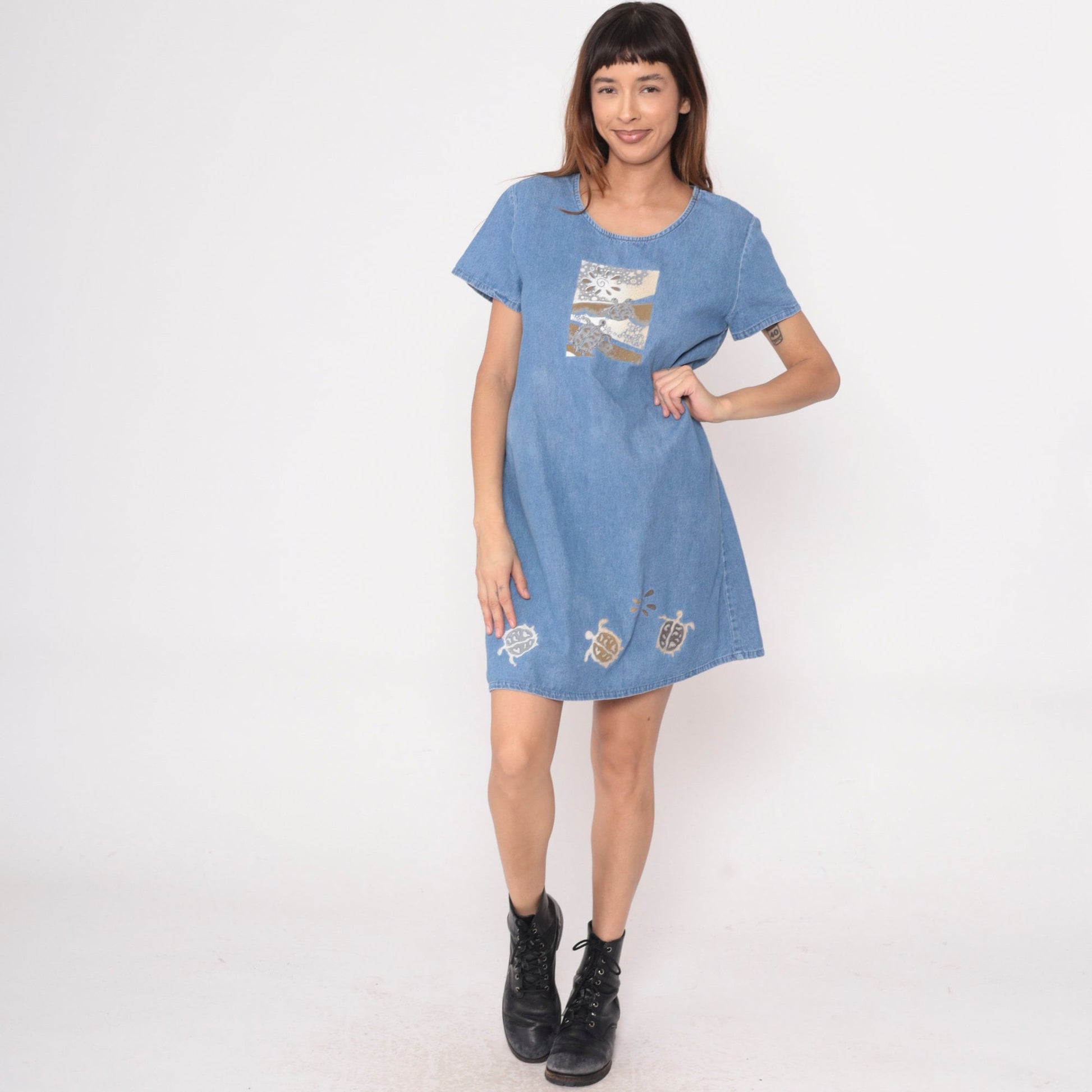 90s Sea Turtle Denim Mini Dress Blue Cotton Shift Short Sleeve Medium