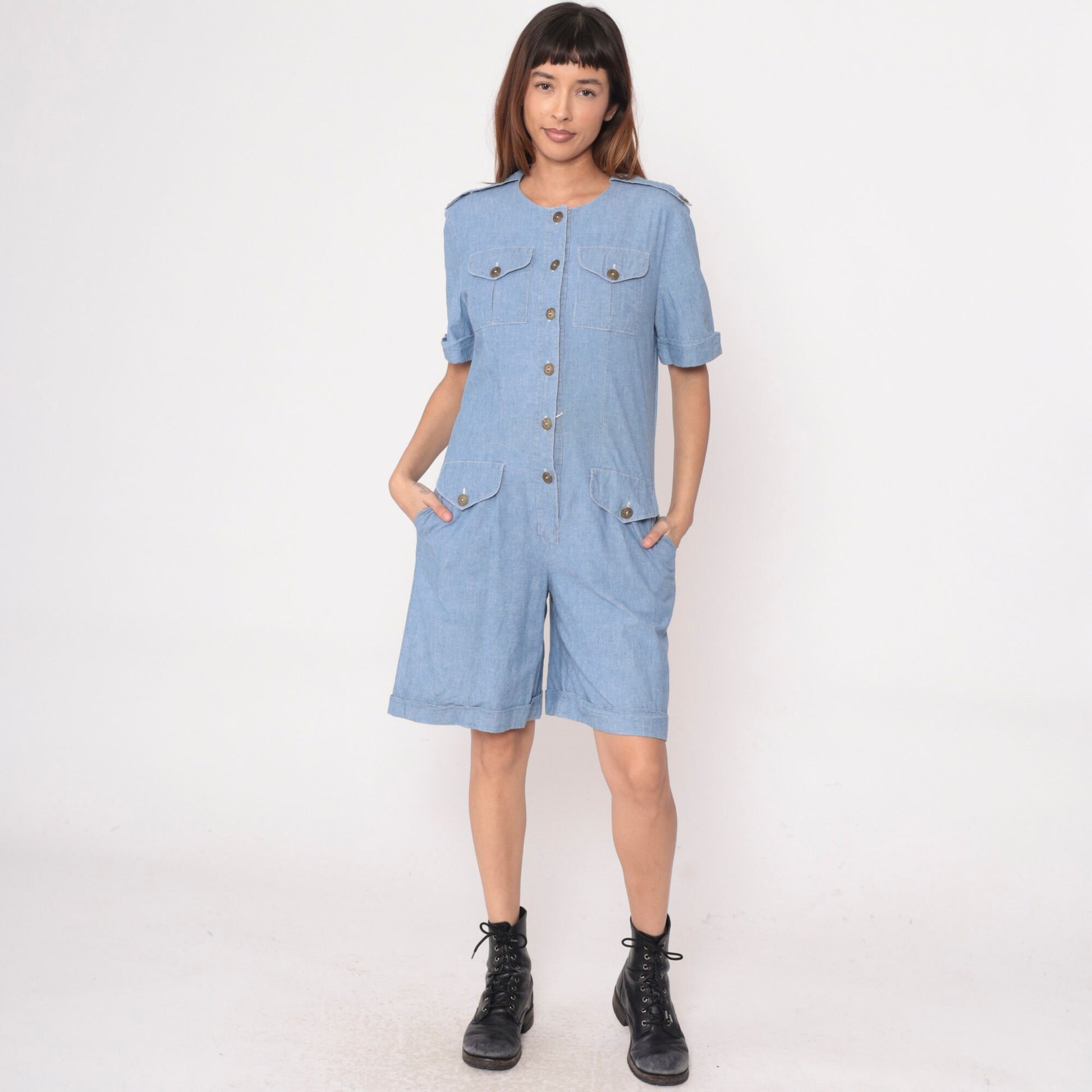 90s Leslie Fay Denim Romper Military Epaulette Chambray Playsuit Medium 8