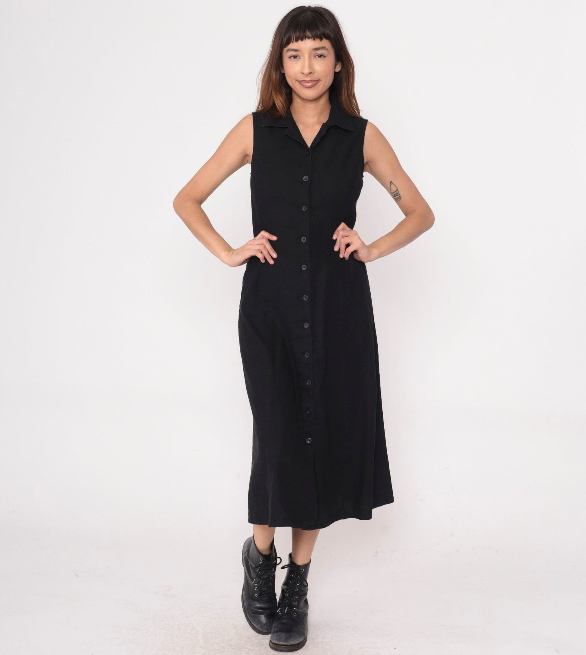 Y2K Black Linen Rayon Button-Up Midi Dress Cutout Back Small S