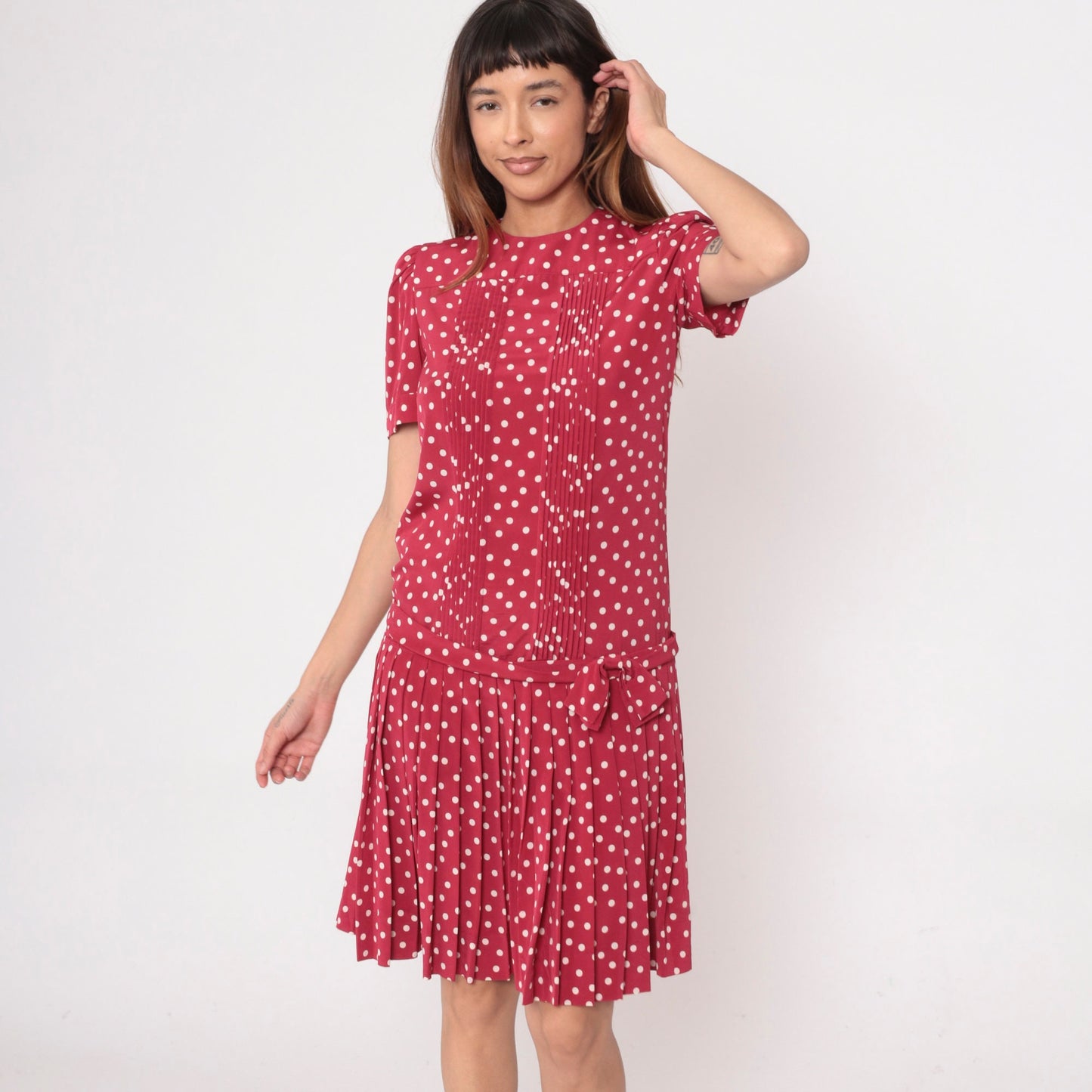 80s Albert Nipon Red Polka Dot Midi Dress Puff Sleeve Drop Waist Small