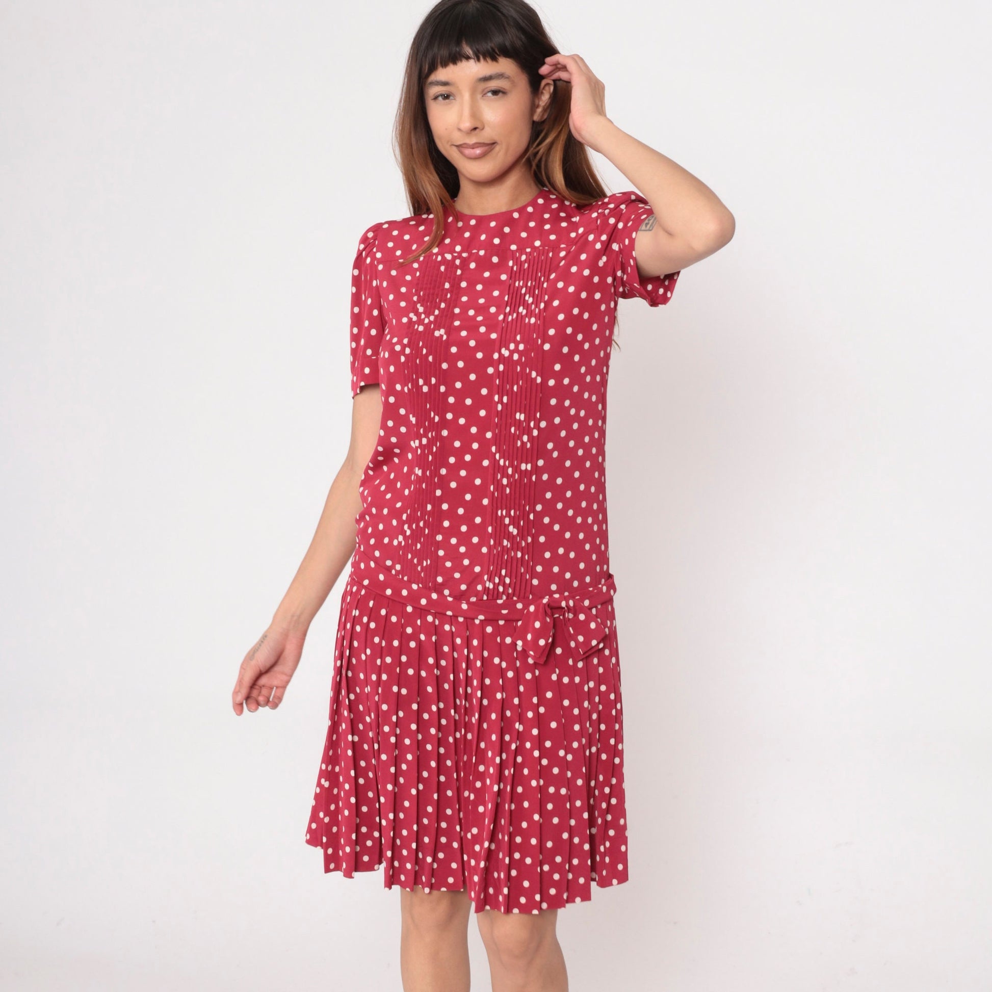 80s Albert Nipon Red Polka Dot Midi Dress Puff Sleeve Drop Waist Small