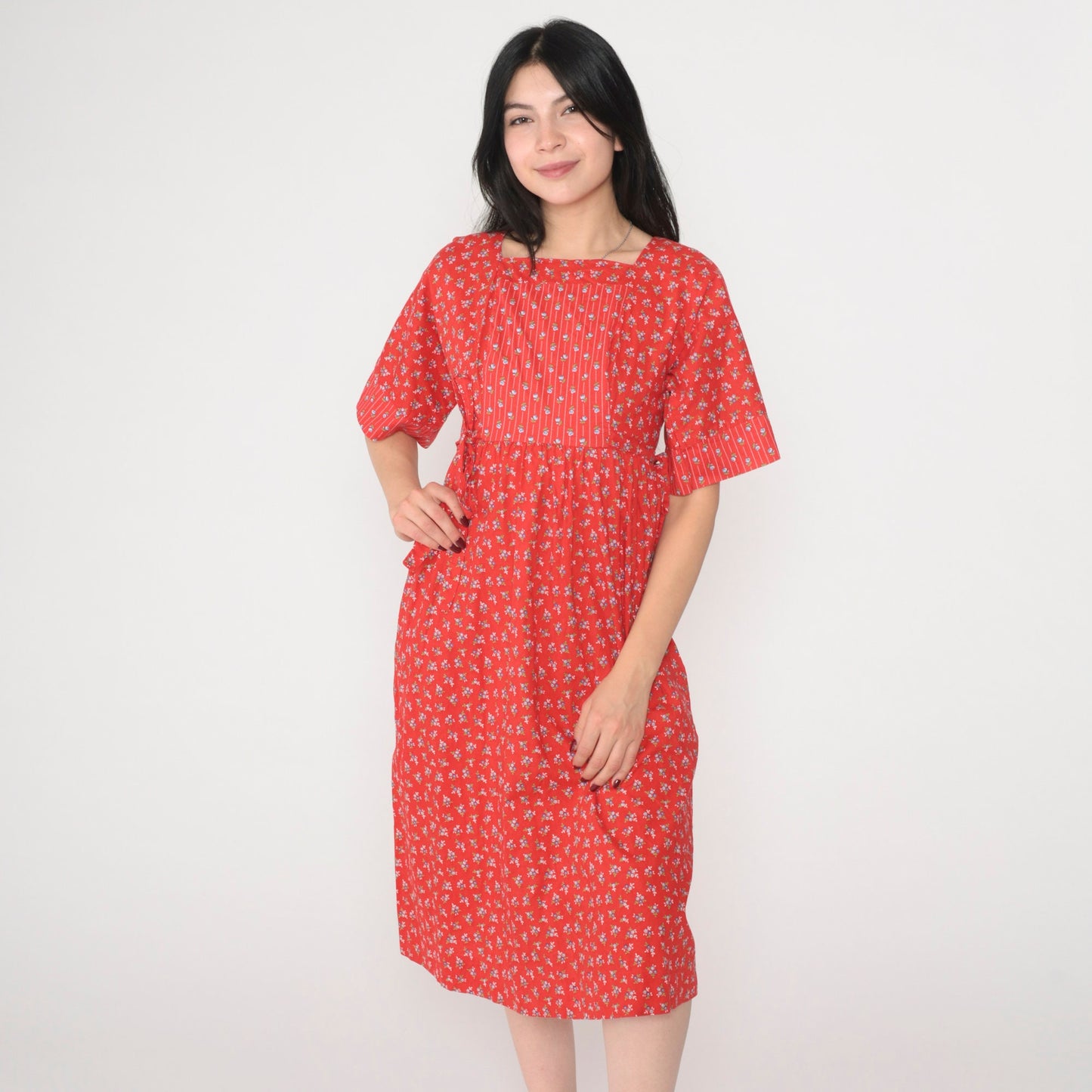 70s Lanz Original Red Floral Calico Midi Dress Empire Waist Tie Short Sleeve Extra Small