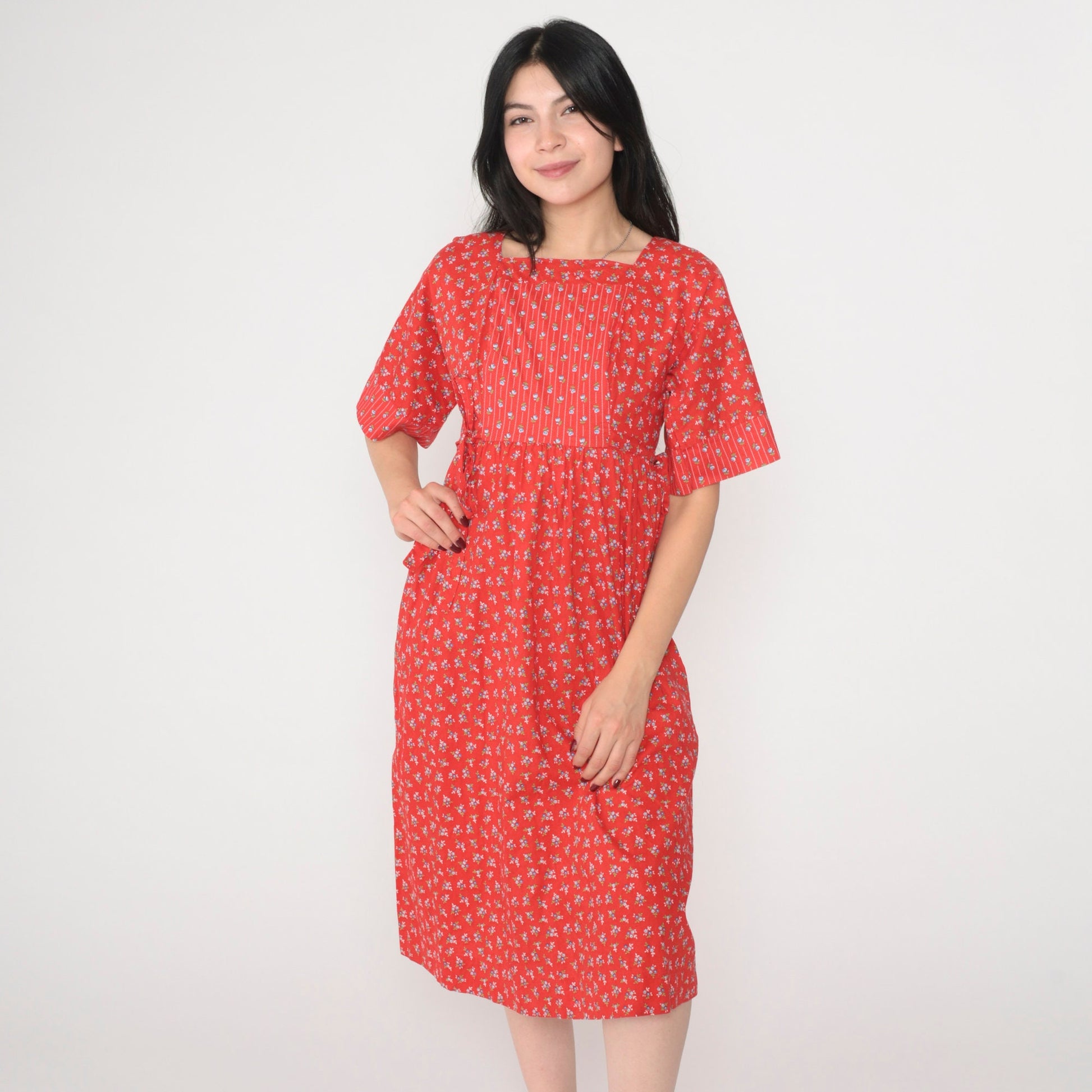 70s Lanz Original Red Floral Calico Midi Dress Empire Waist Tie Short Sleeve Extra Small