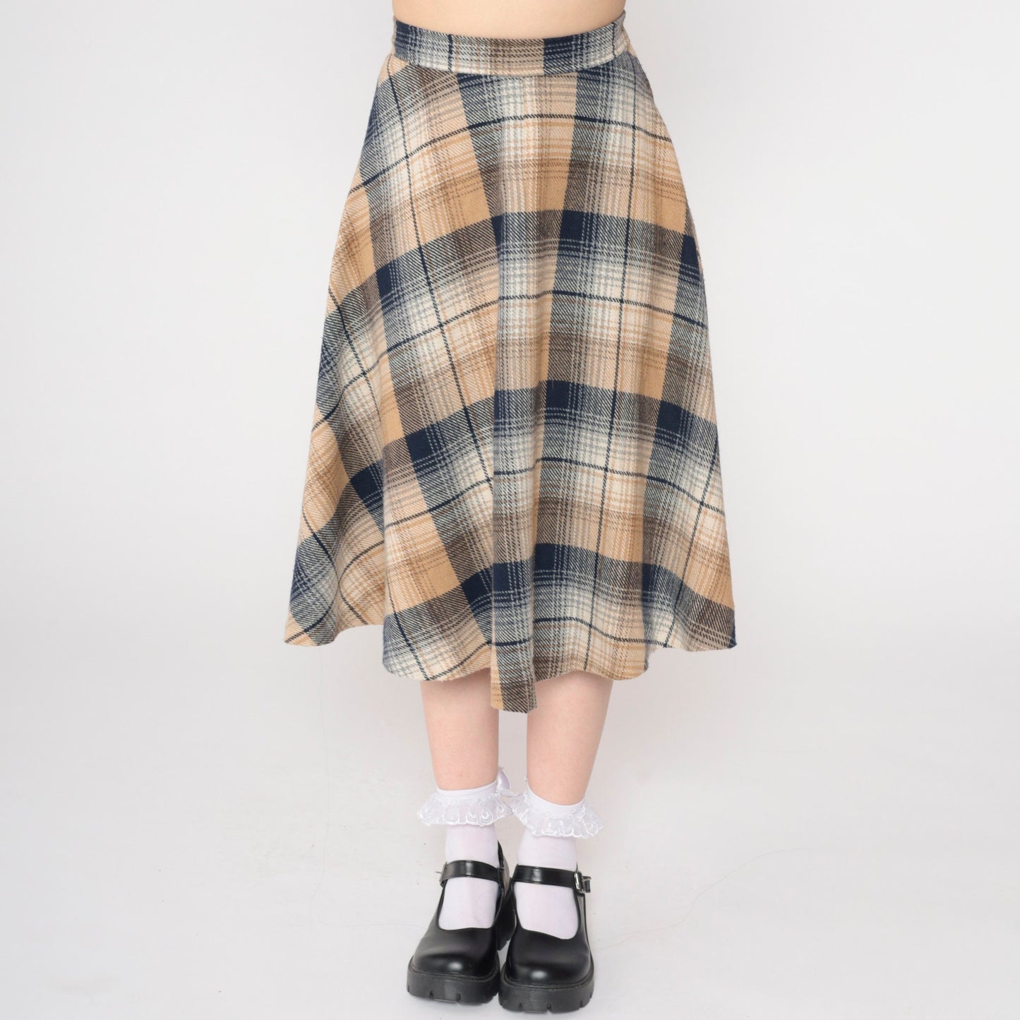 70s Plaid Midi Skirt High Waisted A-Line Tartan Navy Tan Extra Small