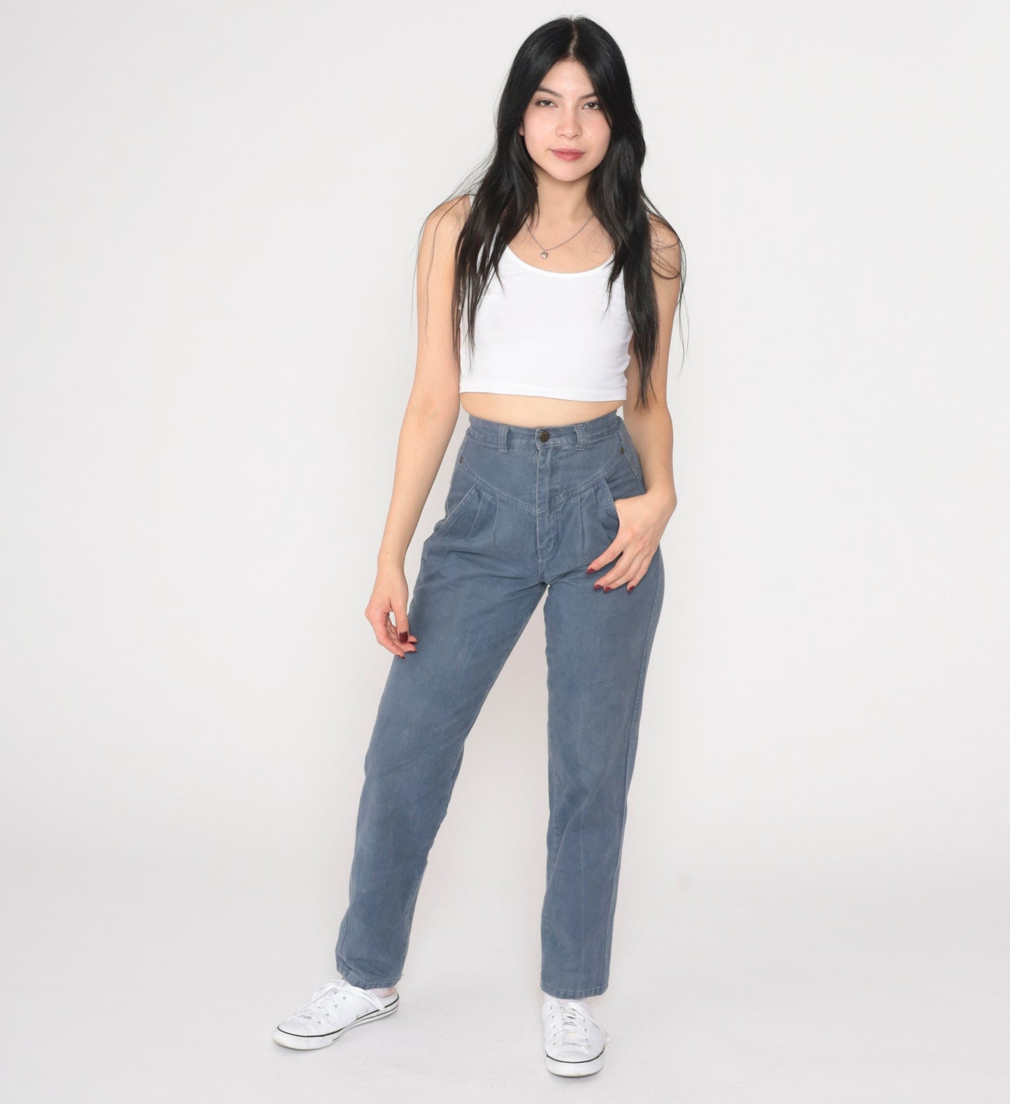 90s Grey Blue Pleated High Waist Straight Tapered Trousers Extra Small