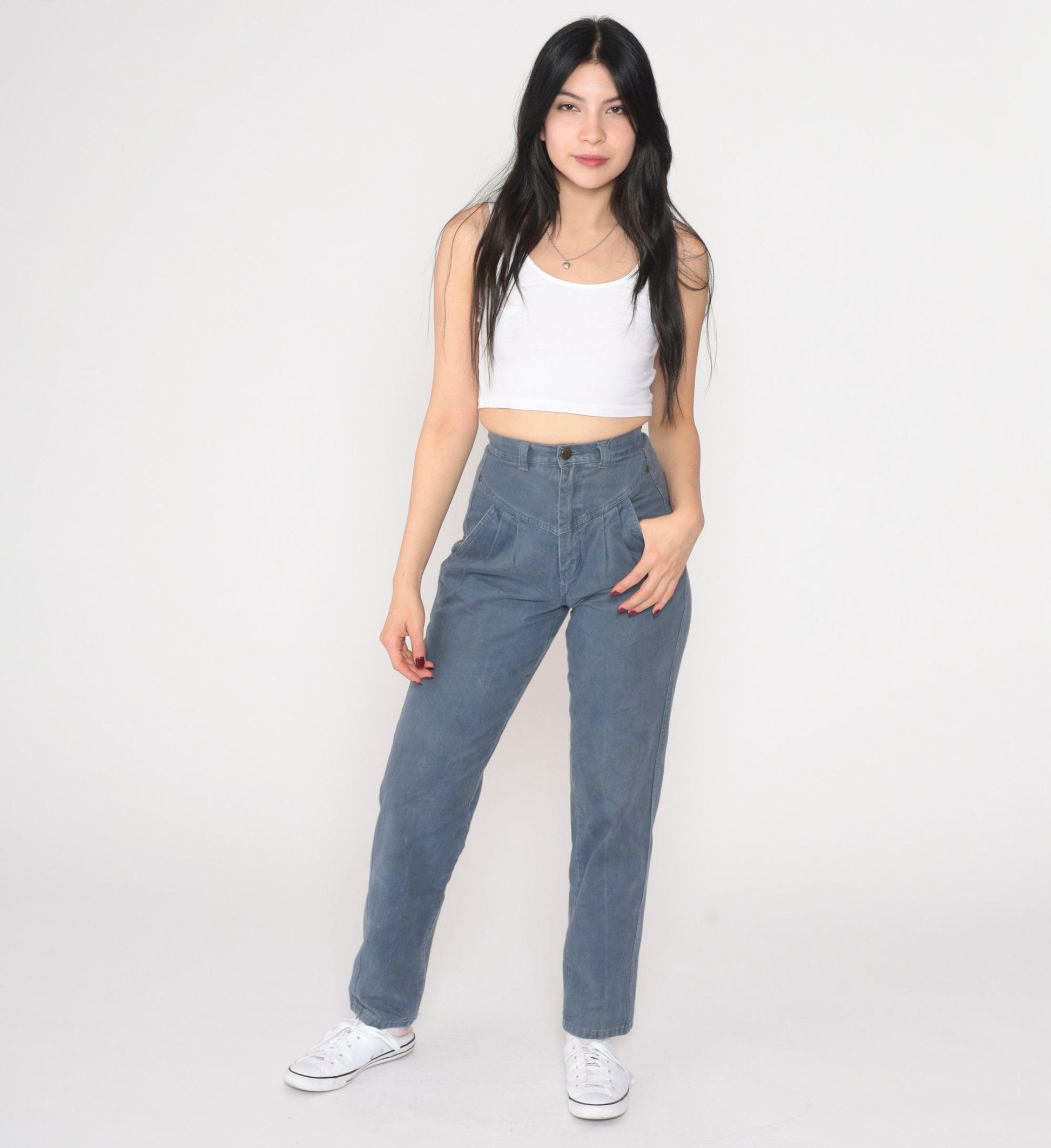 90s Grey Blue Pleated High Waist Straight Tapered Trousers Extra Small