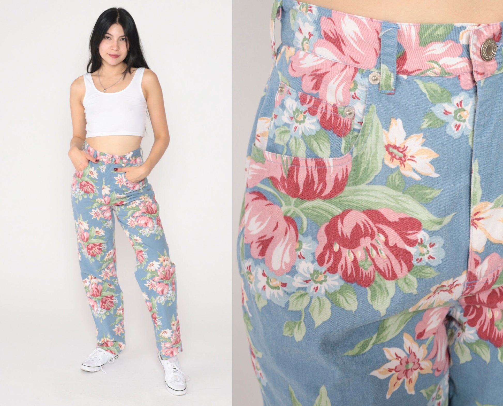 90s Blue Floral High-Waisted Straight Tapered Trousers Extra Small
