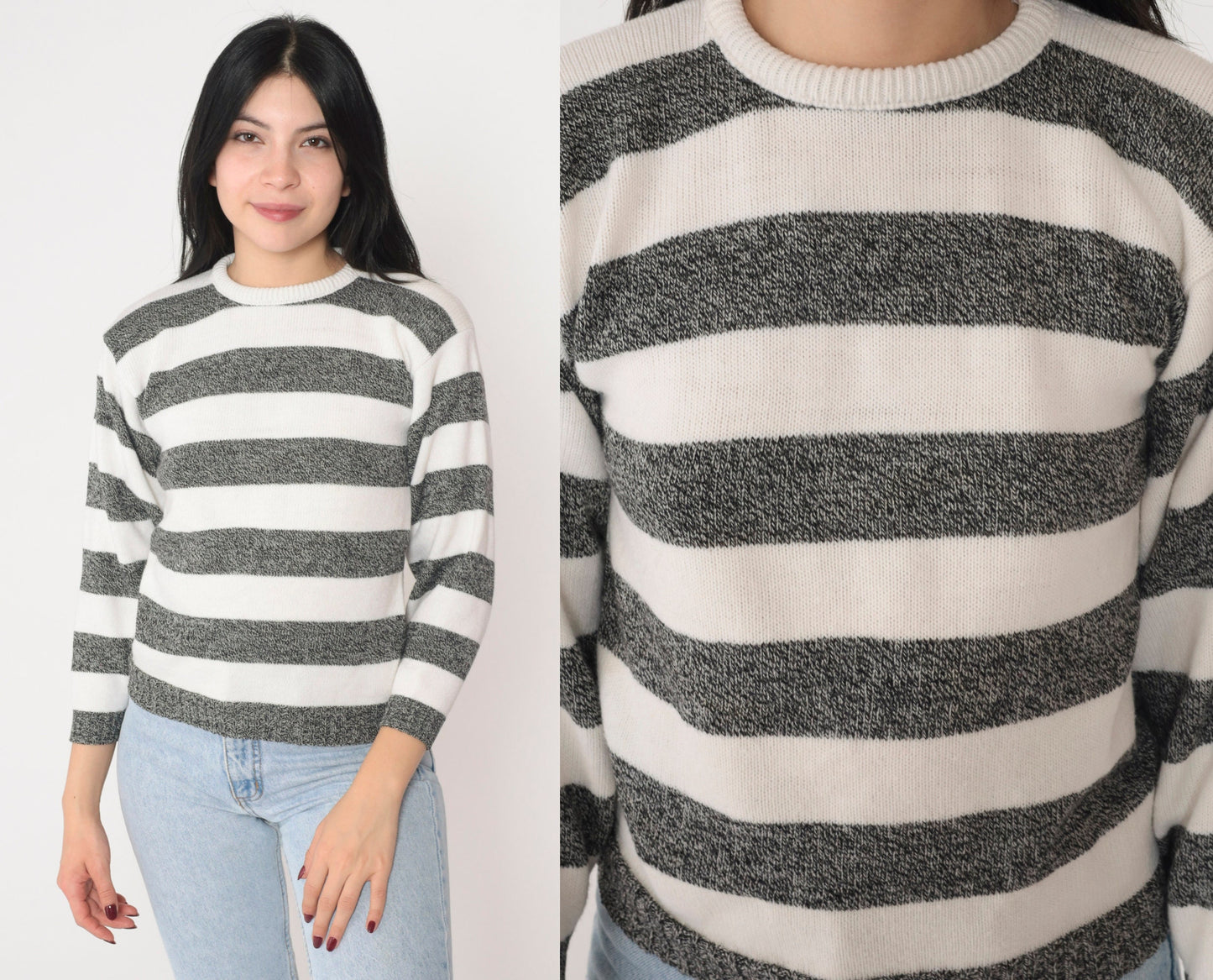 90s Jonathan Cass Striped Knit Sweater White Black Crewneck Small