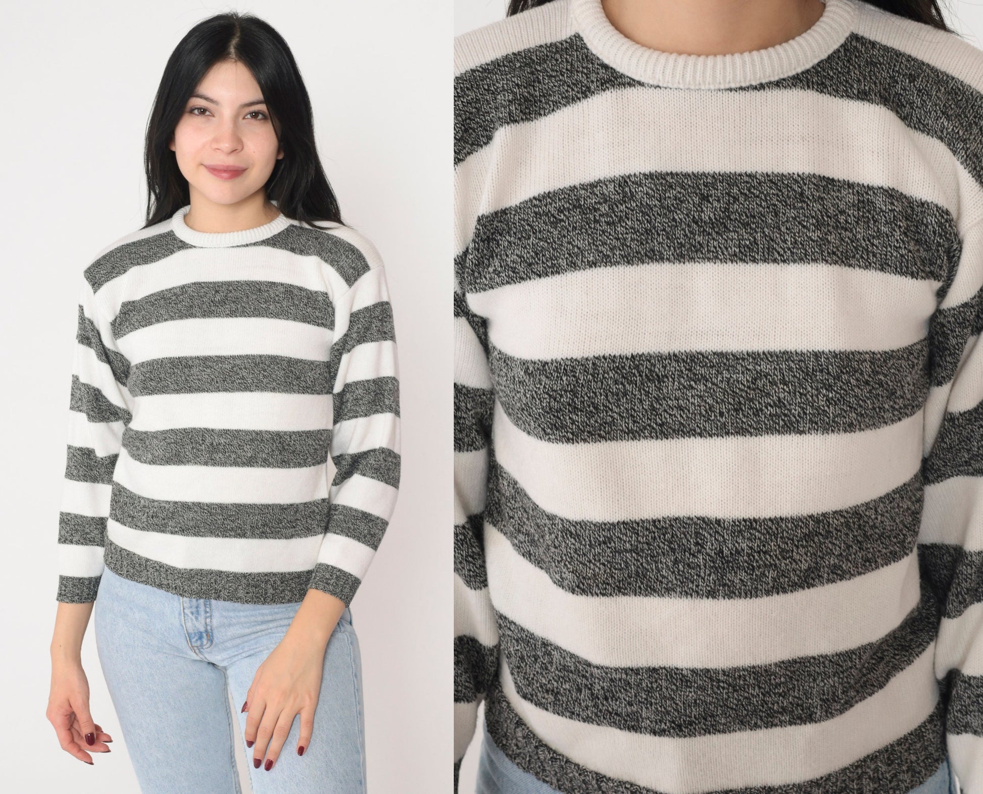 90s Jonathan Cass Striped Knit Sweater White Black Crewneck Small
