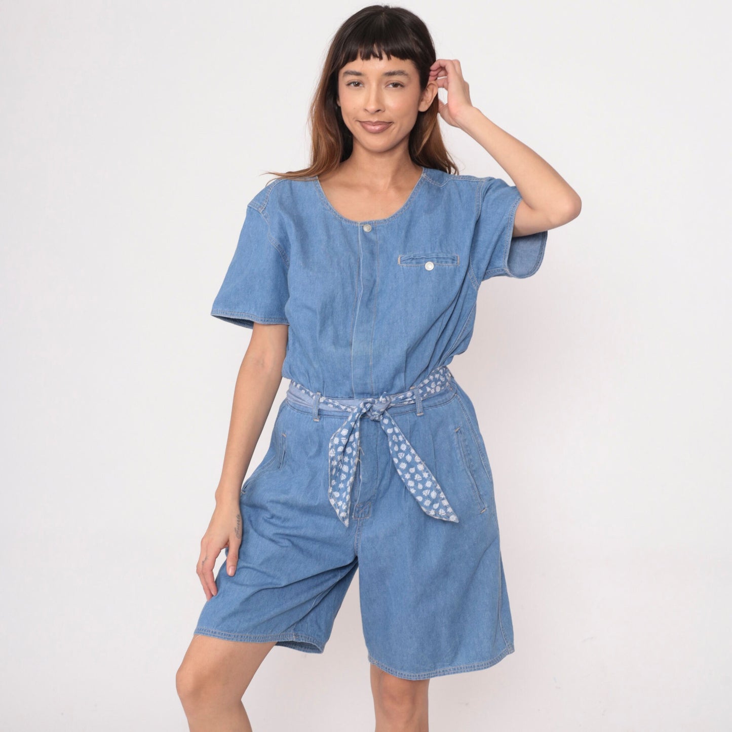 90s Gloria Vanderbilt Denim Romper Blue Jean Button-Up Playsuit Small