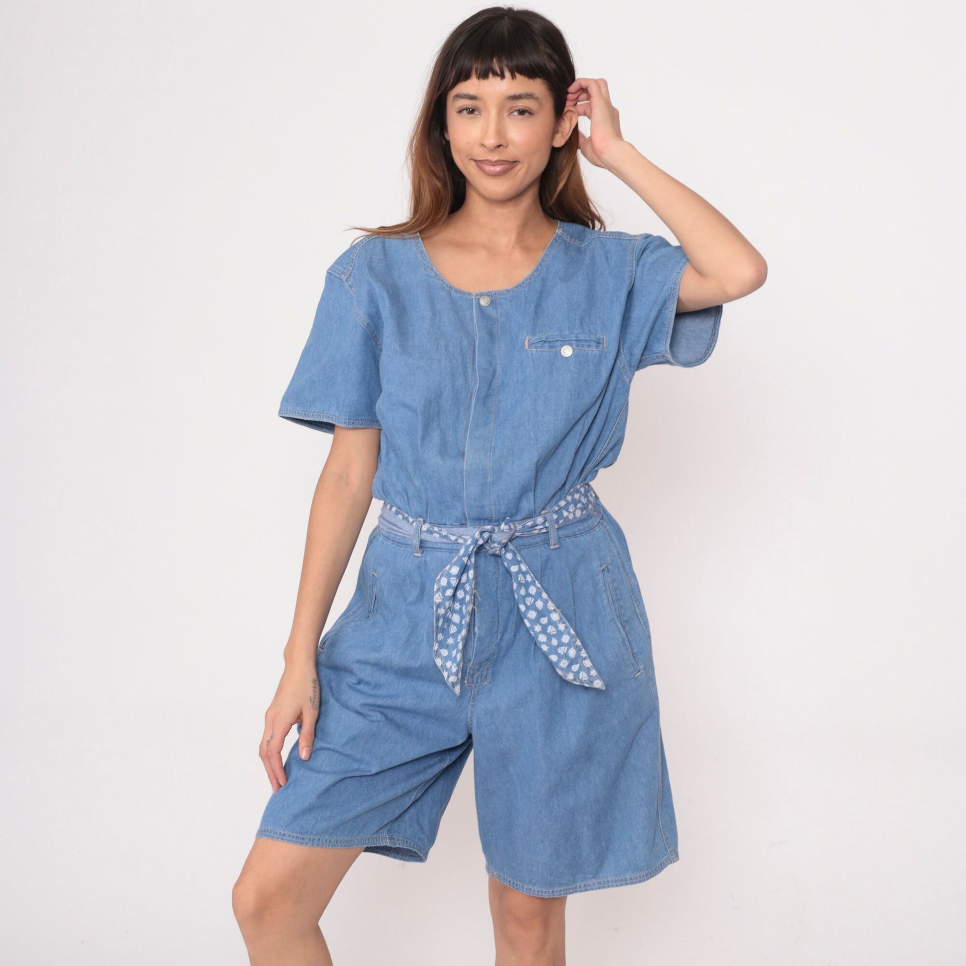 90s Gloria Vanderbilt Denim Romper Blue Jean Button-Up Playsuit Small