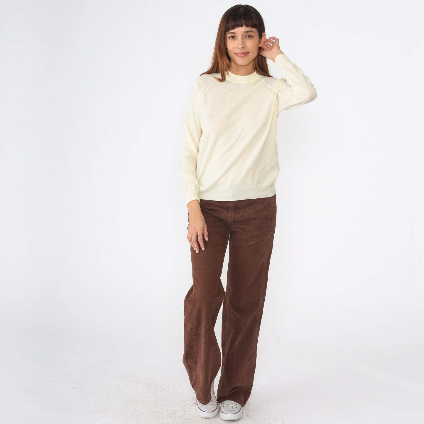 70s Cream Knit Raglan Sweater Rear Zipper Pullover Small Medium