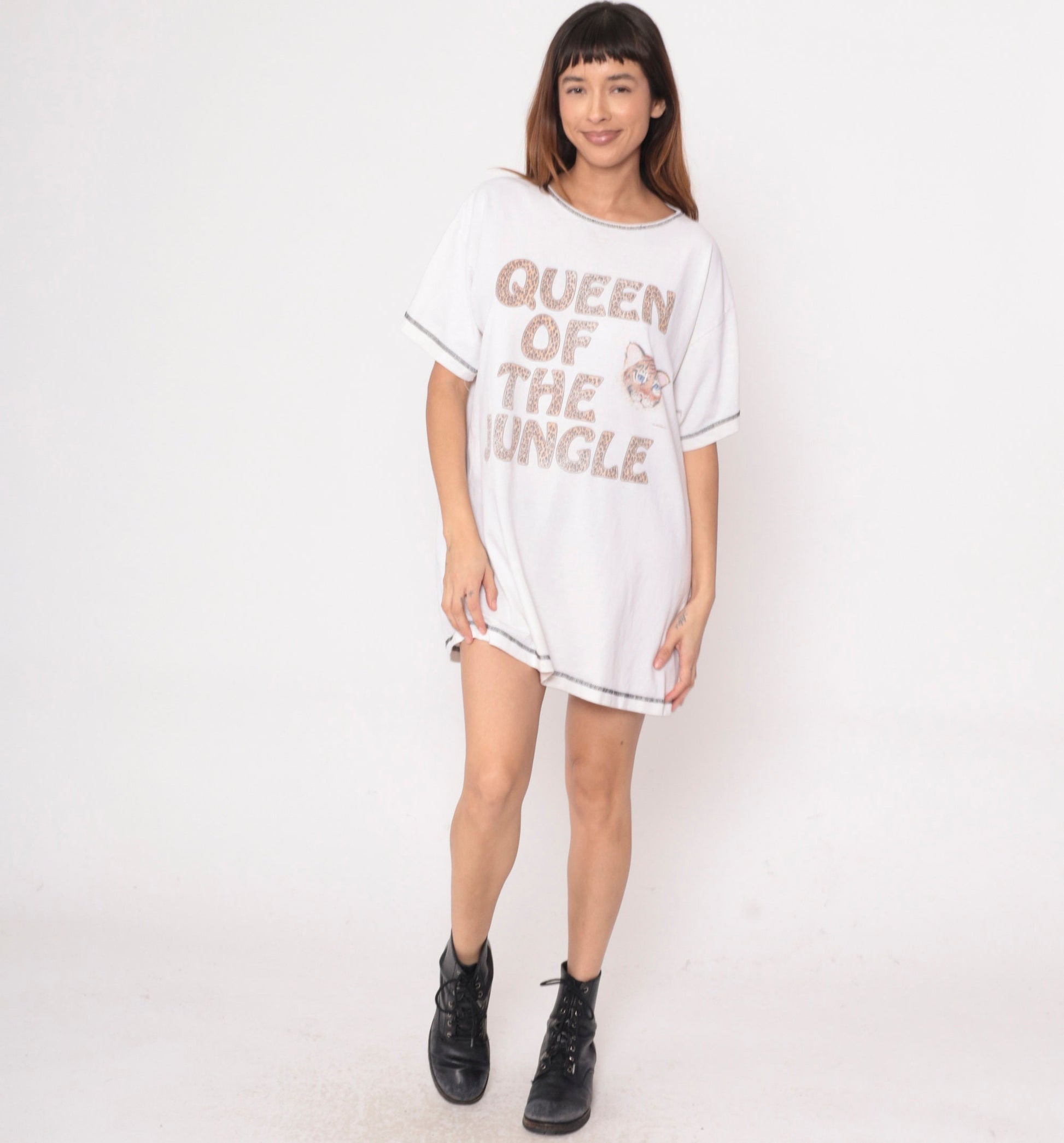 90s Tiger Print T-Shirt Dress Queen of the Jungle Graphic Mini Nightie White Small