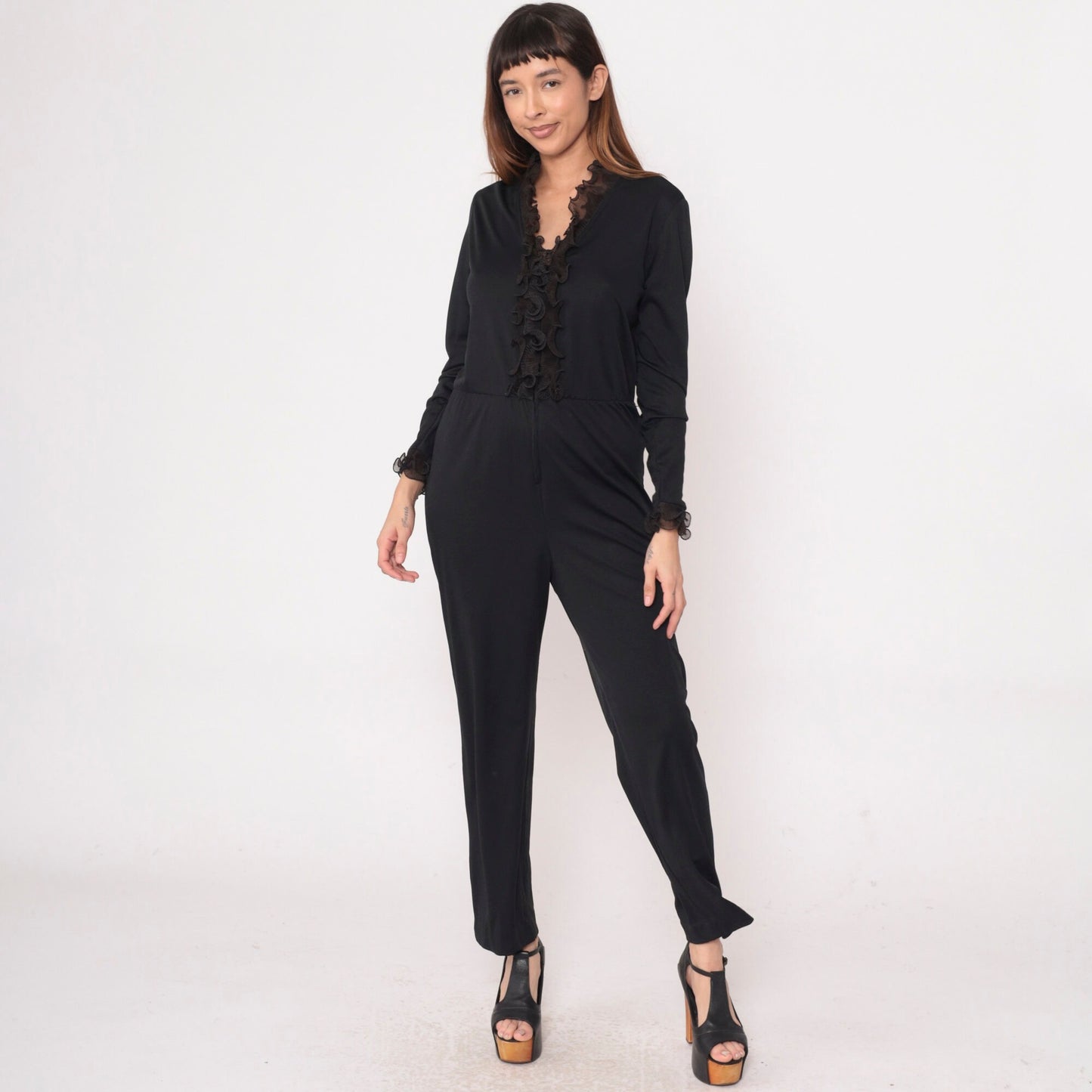 70s Black Tuxedo Jumpsuit Ruffled Front Long Sleeve High Waist Medium