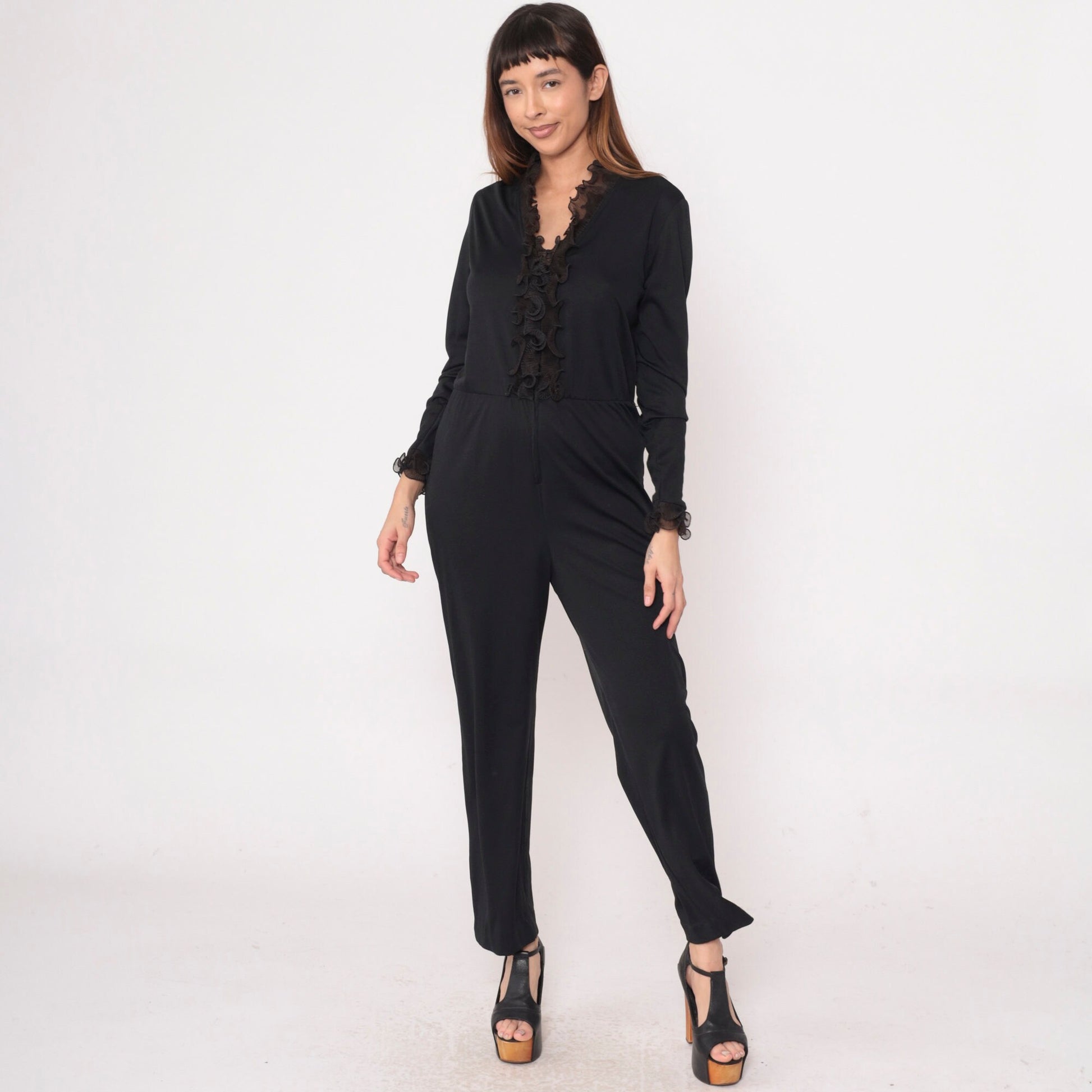 70s Black Tuxedo Jumpsuit Ruffled Front Long Sleeve High Waist Medium