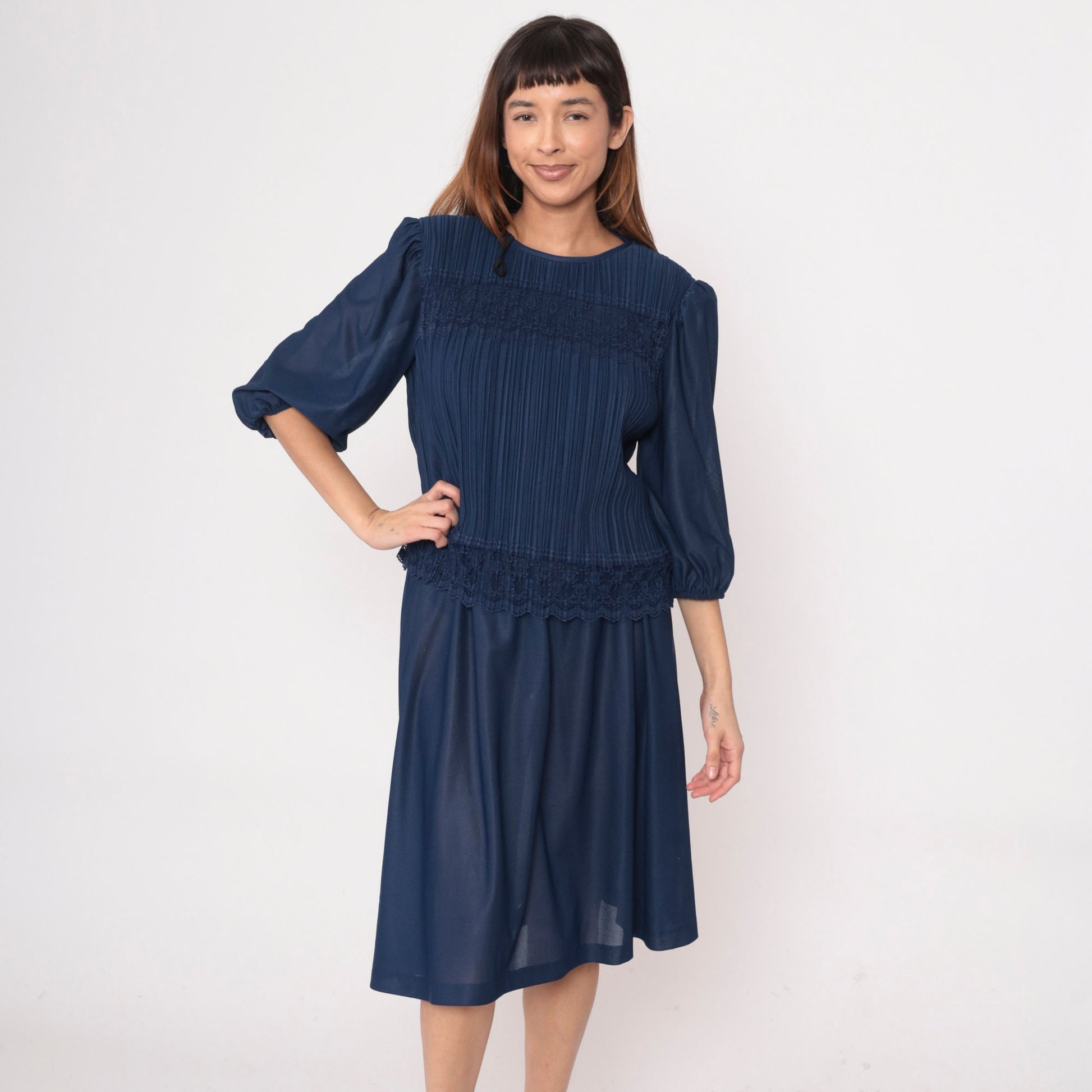 80s Dark Blue Pleated Midi Dress Puff Sleeve Lace Trim Drop Waist Medium