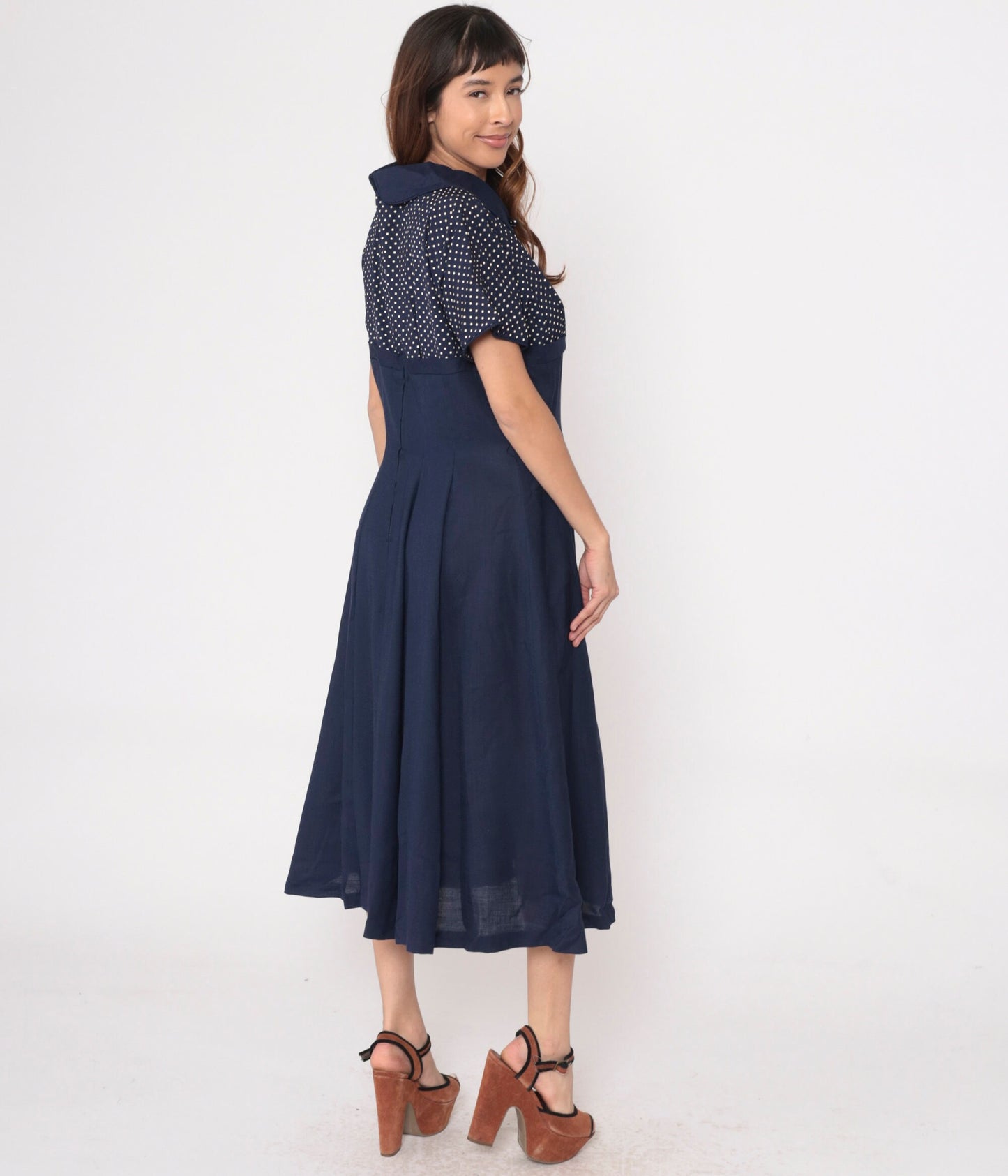 1960s Navy Polka Dot Rhinestone Bow Cocktail Dress Empire Waist Large L