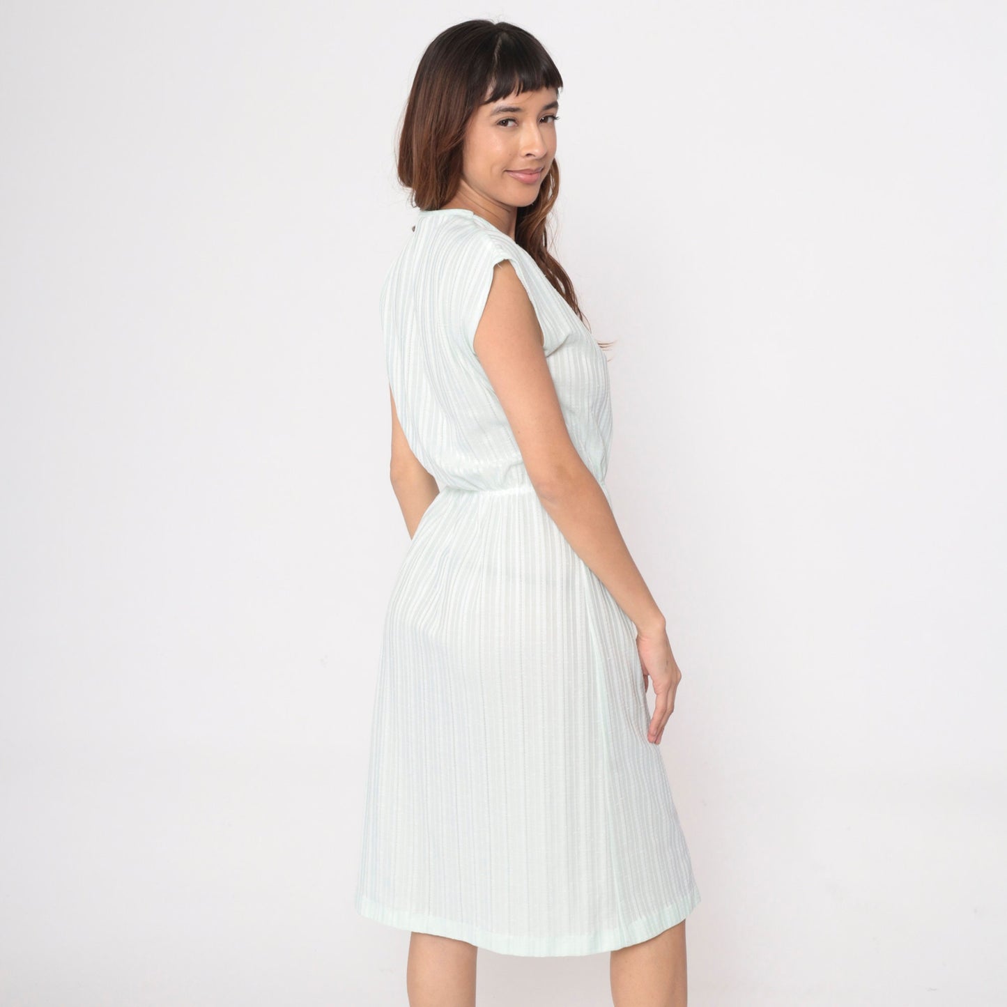 70s Pale Green Striped Midi Dress Cap Sleeve High Waist Small Medium
